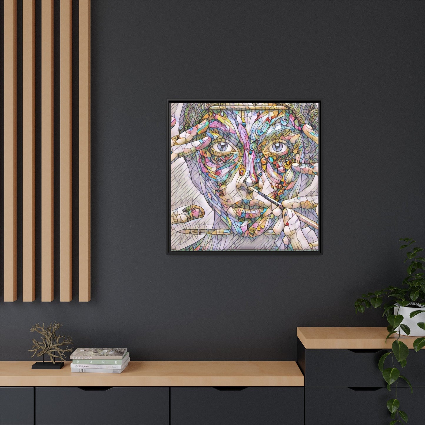 Framed Abstract Mosaic Face Canvas — Colorful Modern Wall Art