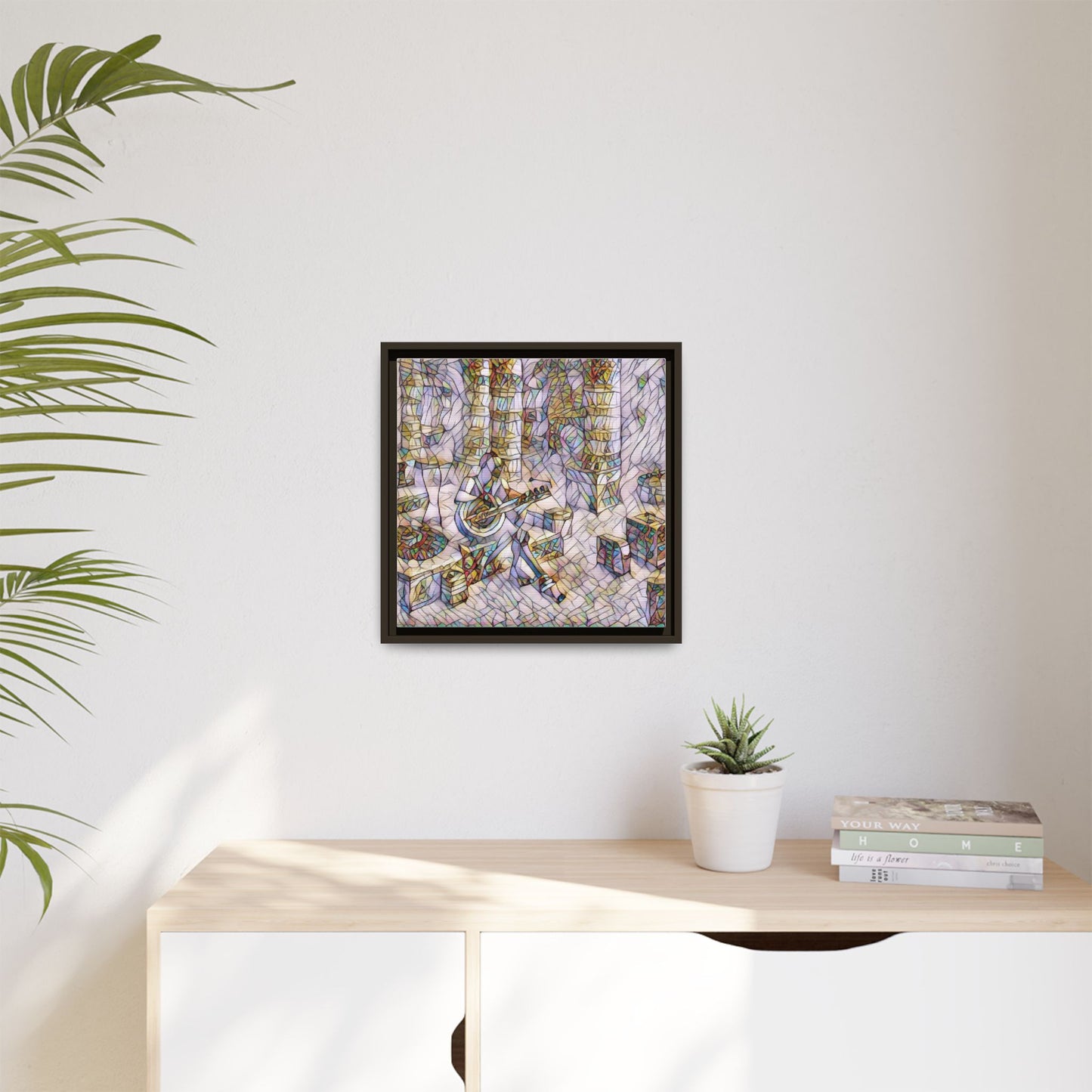 Framed Matte Canvas Art - Abstract Guitarist in Colorful Mosaic