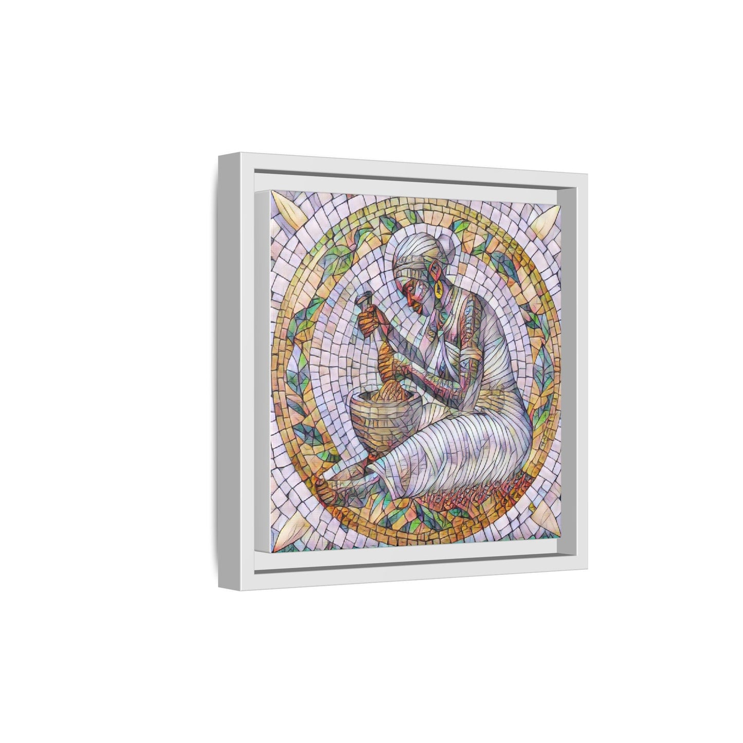 Framed Mosaic Art Print — Woman Grinding Grain (Matte Canvas)