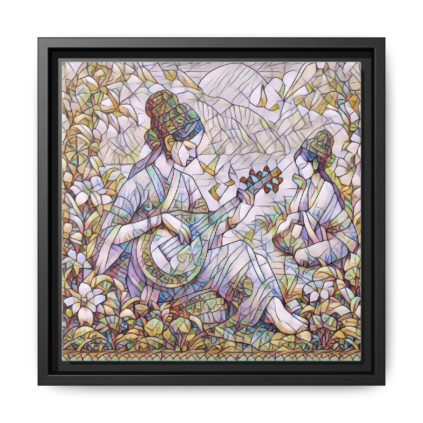 Framed Matte Canvas Art - Vintage Asian Musicians Floral Illustration