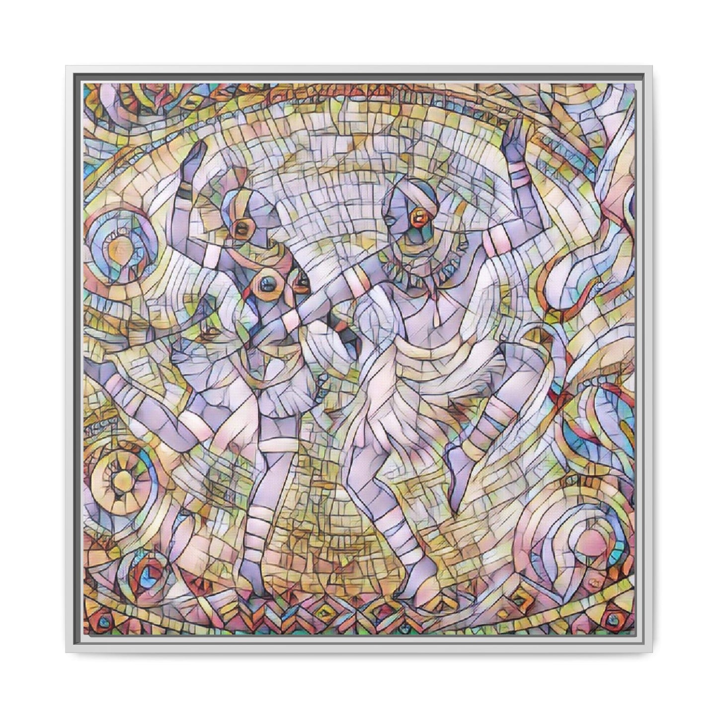 Abstract Dancers Matte Framed Canvas Wall Art — Multi‑Color Stained Glass Style