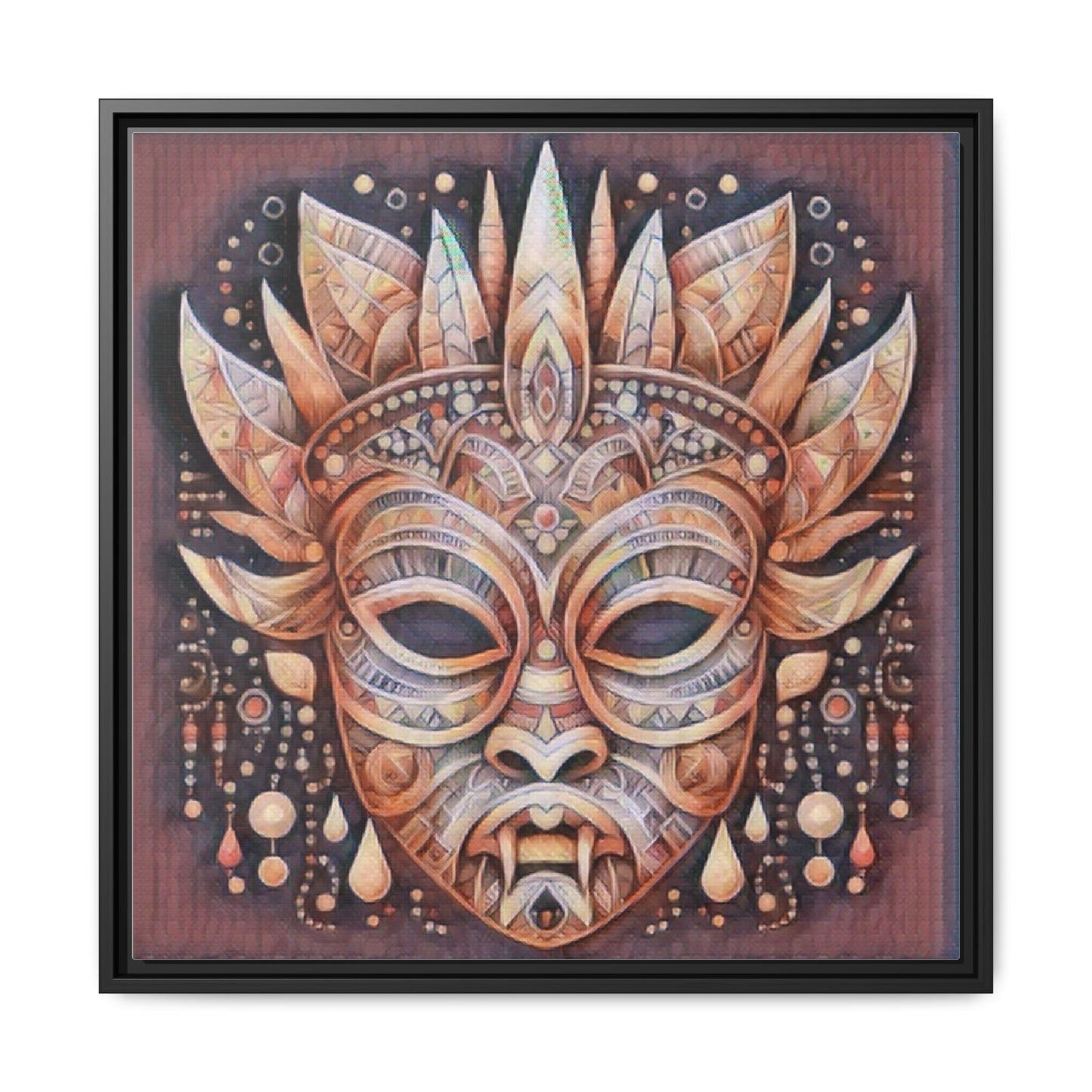 Tribal Sun Mask Framed Canvas Art — Boho Ethnic Wall Decor