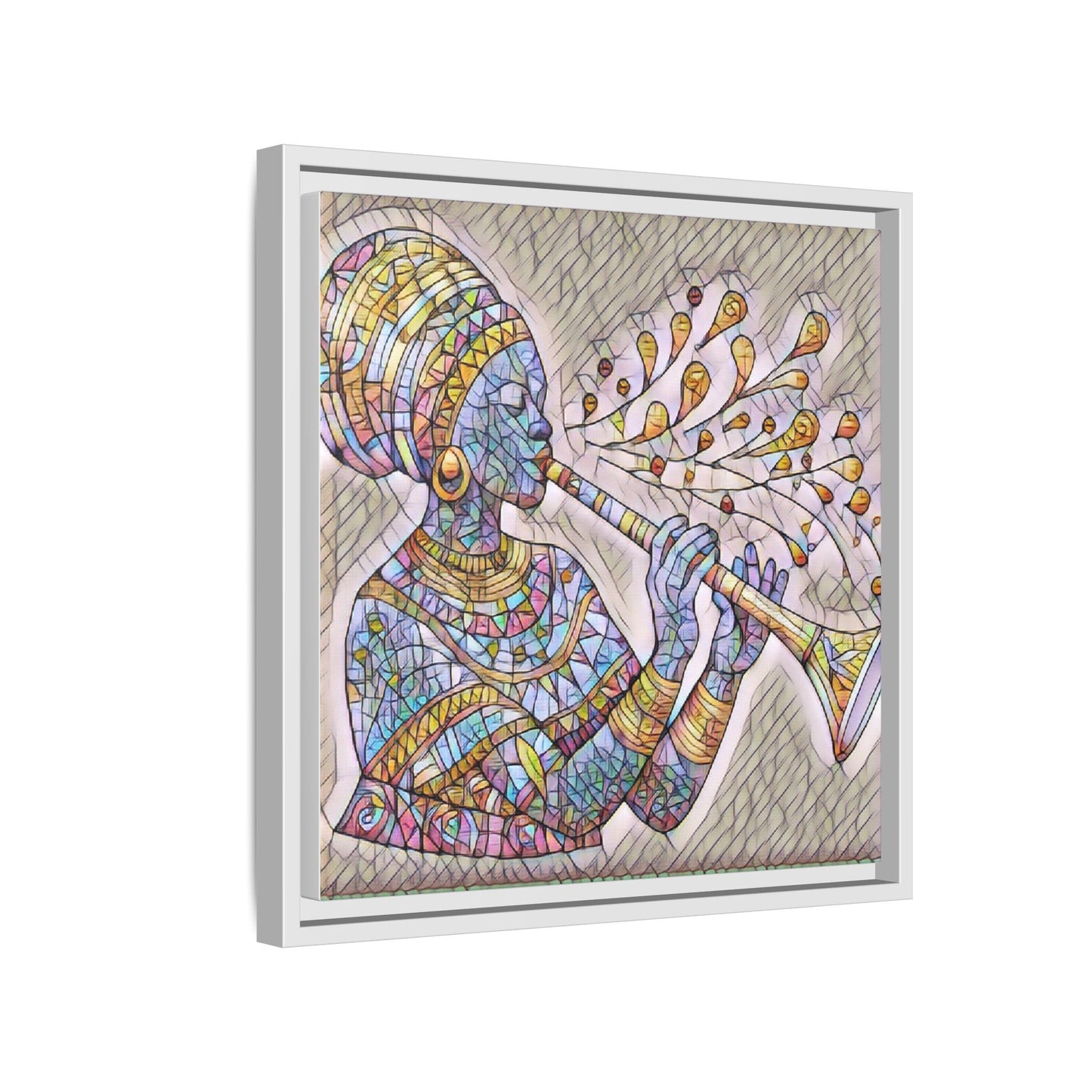 Framed Matte Canvas Art – Colorful African Musician Trumpet Print
