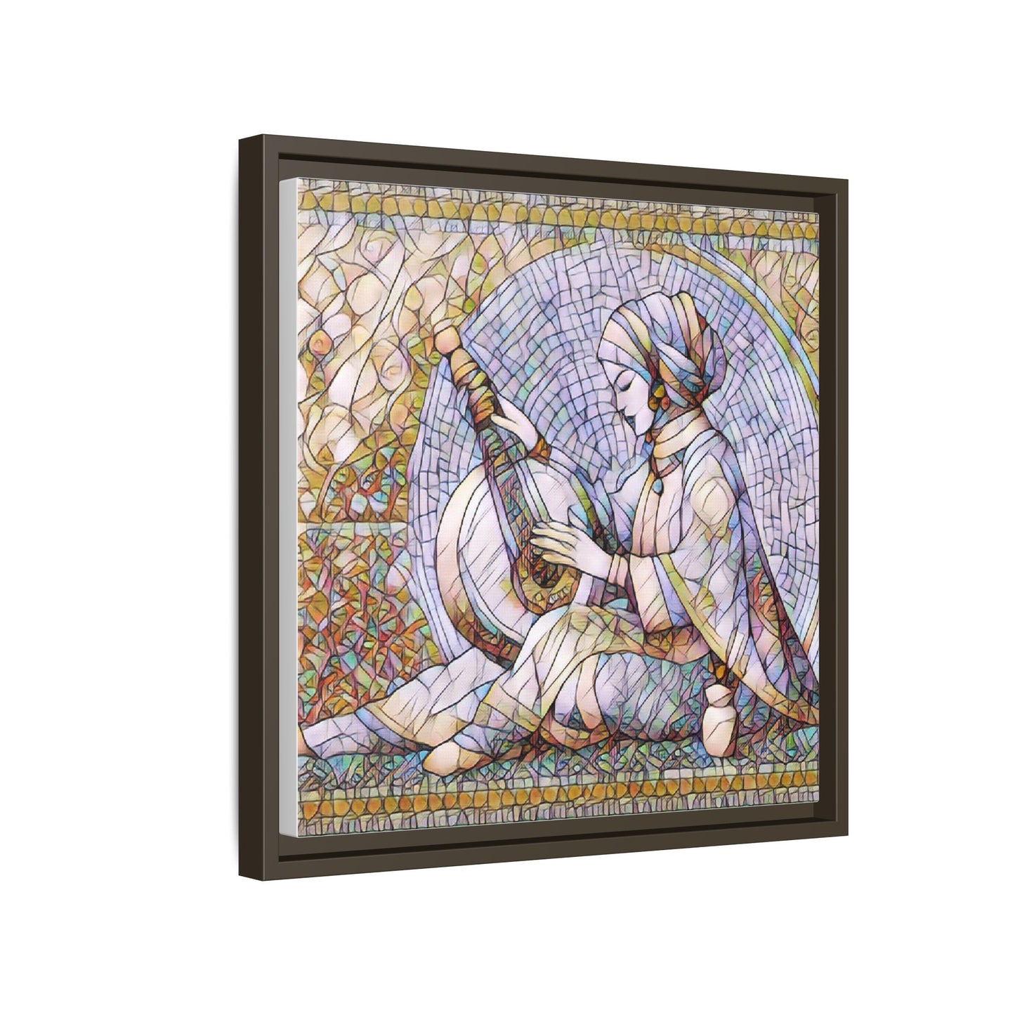 Framed Matte Canvas: Mosaic Lute Player Wall Art — Bohemian Musical Portrait