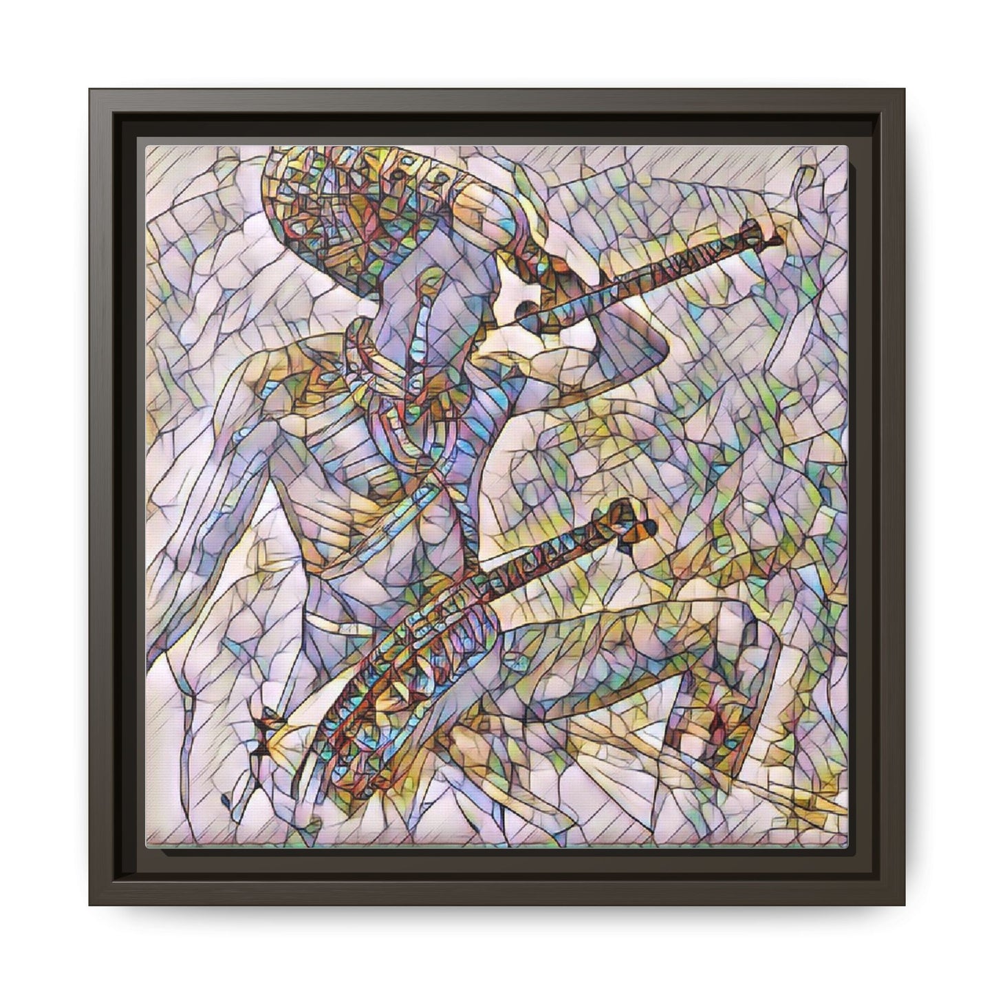 Stained Glass Blue Musician — Framed Matte Canvas Art