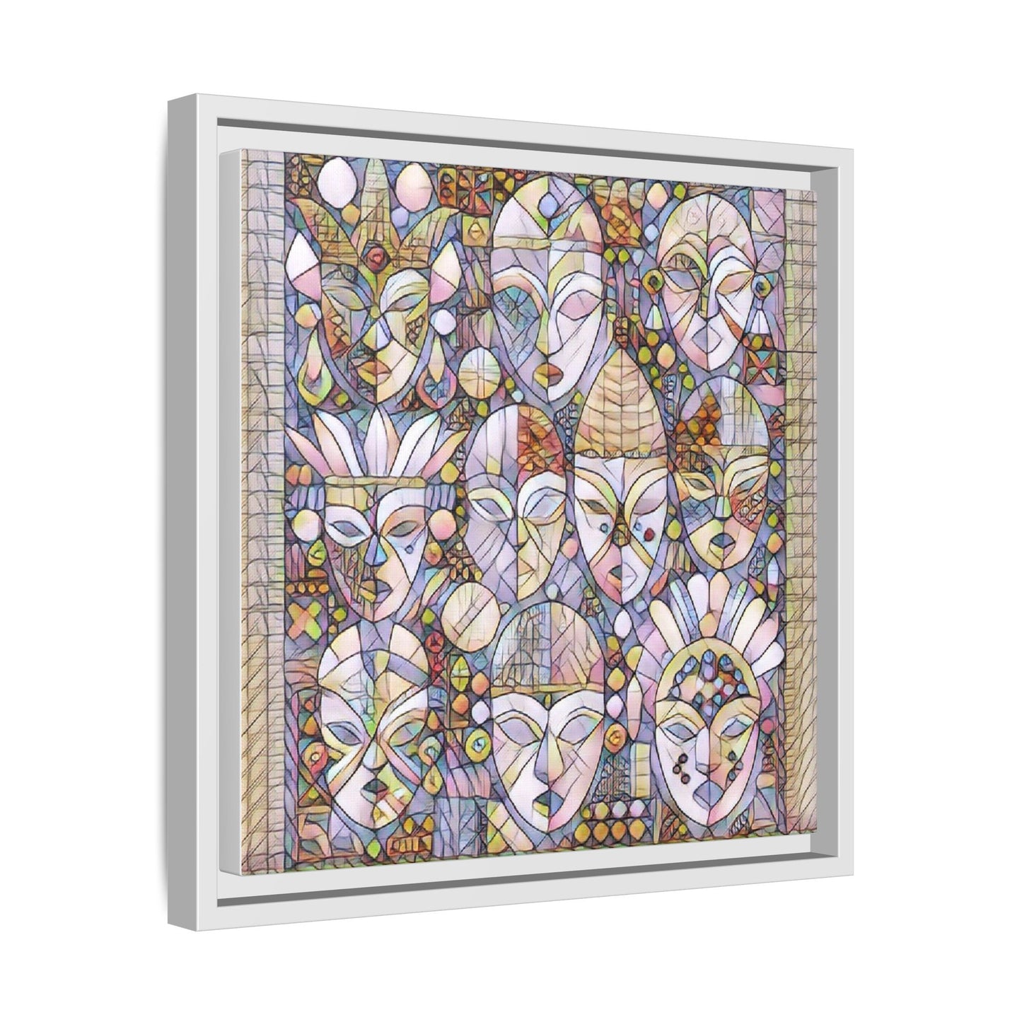 Framed Abstract Mask Art Canvas — Multicolor Stained-Glass Faces Wall Decor