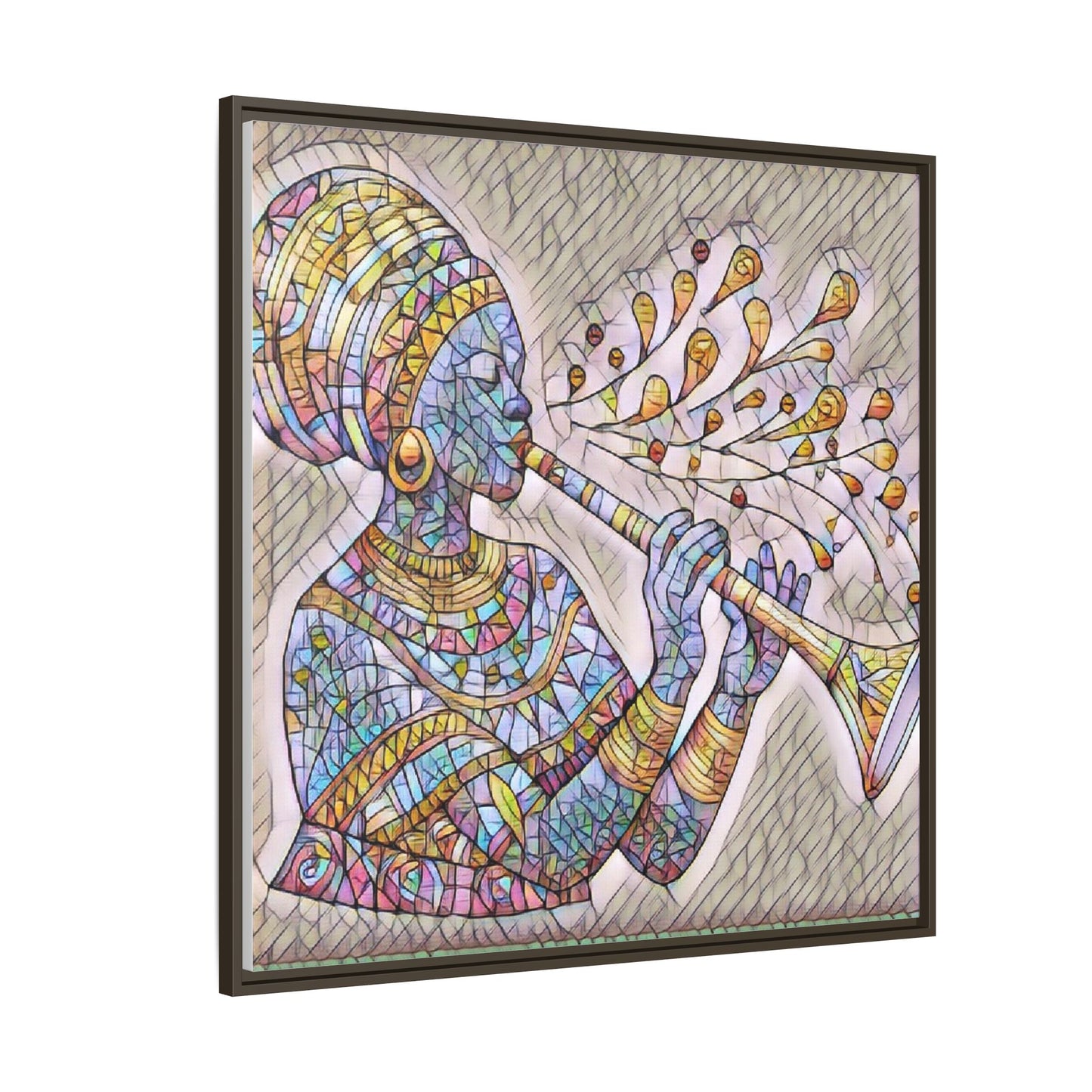 Framed Matte Canvas Art – Colorful African Musician Trumpet Print