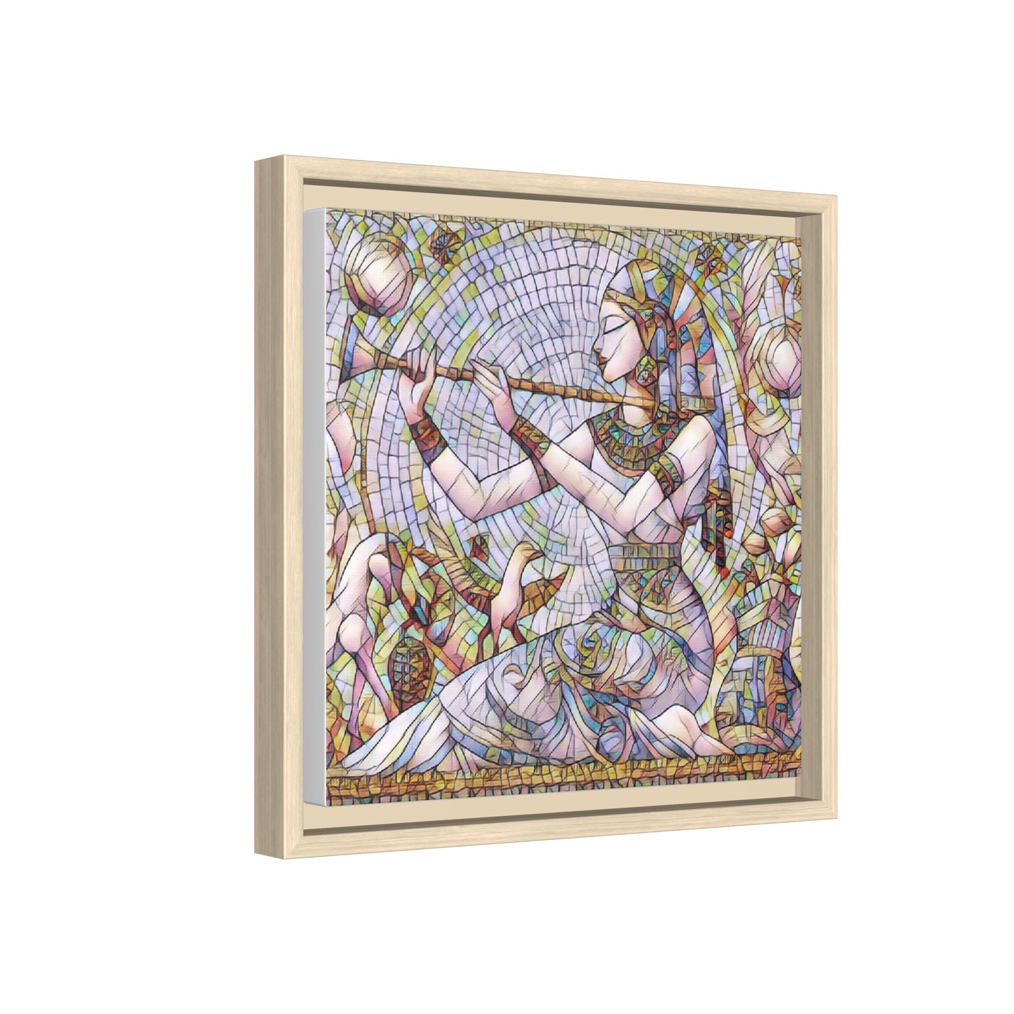Egyptian Flute Player Framed Canvas Art — Colorful Mosaic Wall Decor