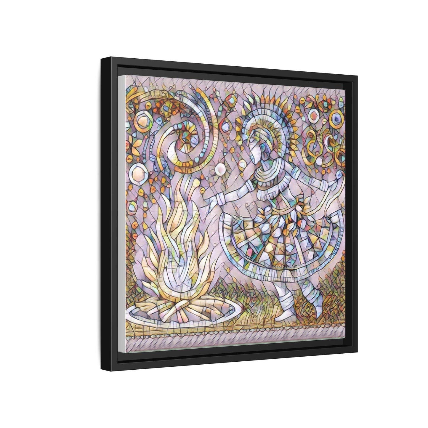 Bohemian Fire Dancer Framed Canvas Art — Colorful Folk Mosaic Wall Decor