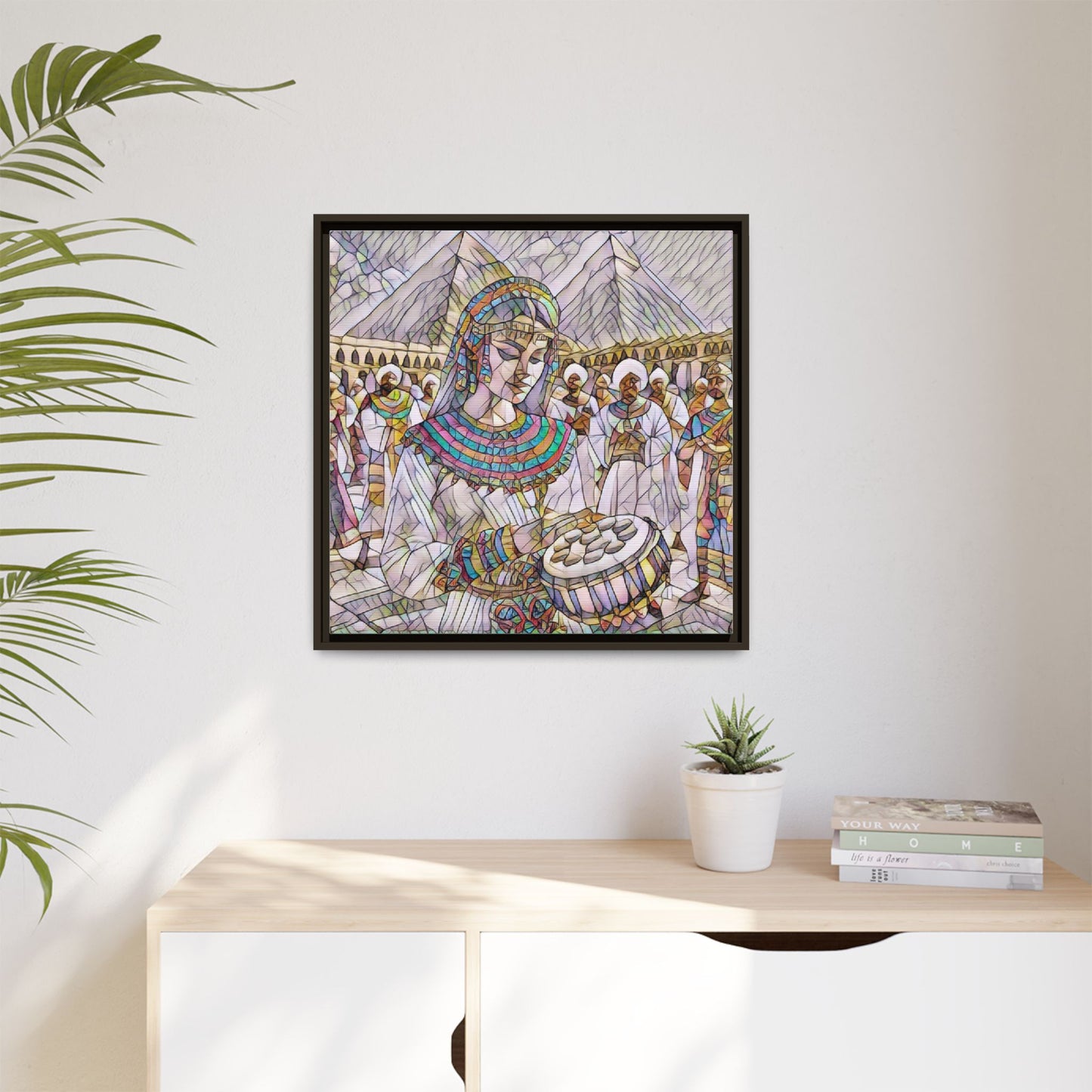 Egyptian Drum Player Framed Canvas Art — Colorful Ancient Scene Wall Decor