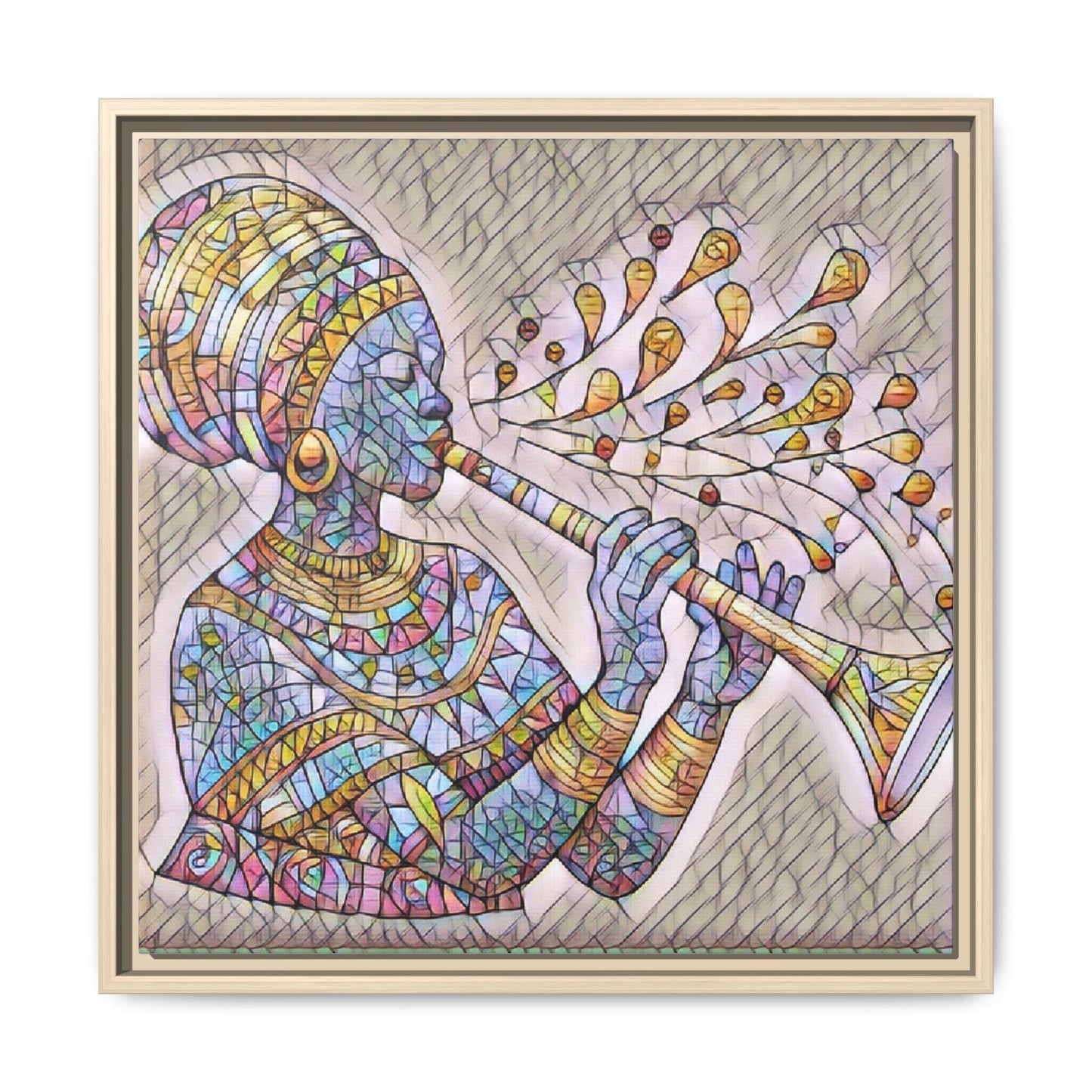 Framed Matte Canvas Art – Colorful African Musician Trumpet Print