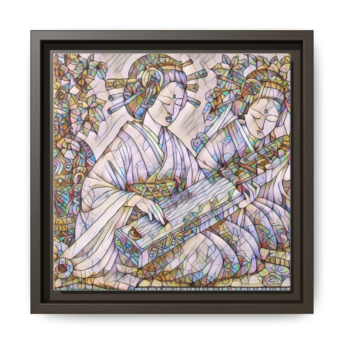 Framed Matte Canvas Print — Stained-Glass Geisha Duo