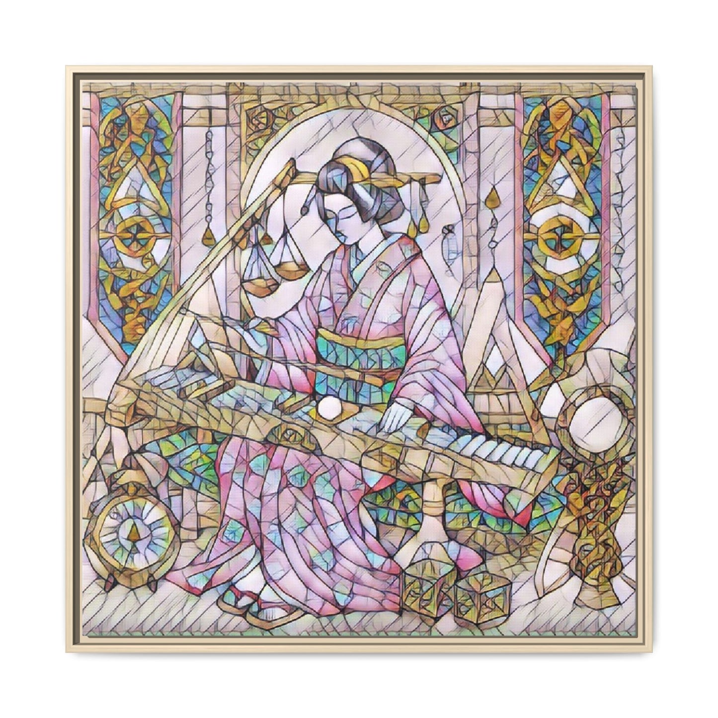 Framed Matte Canvas — Geisha Harp Stained-Glass Art Print