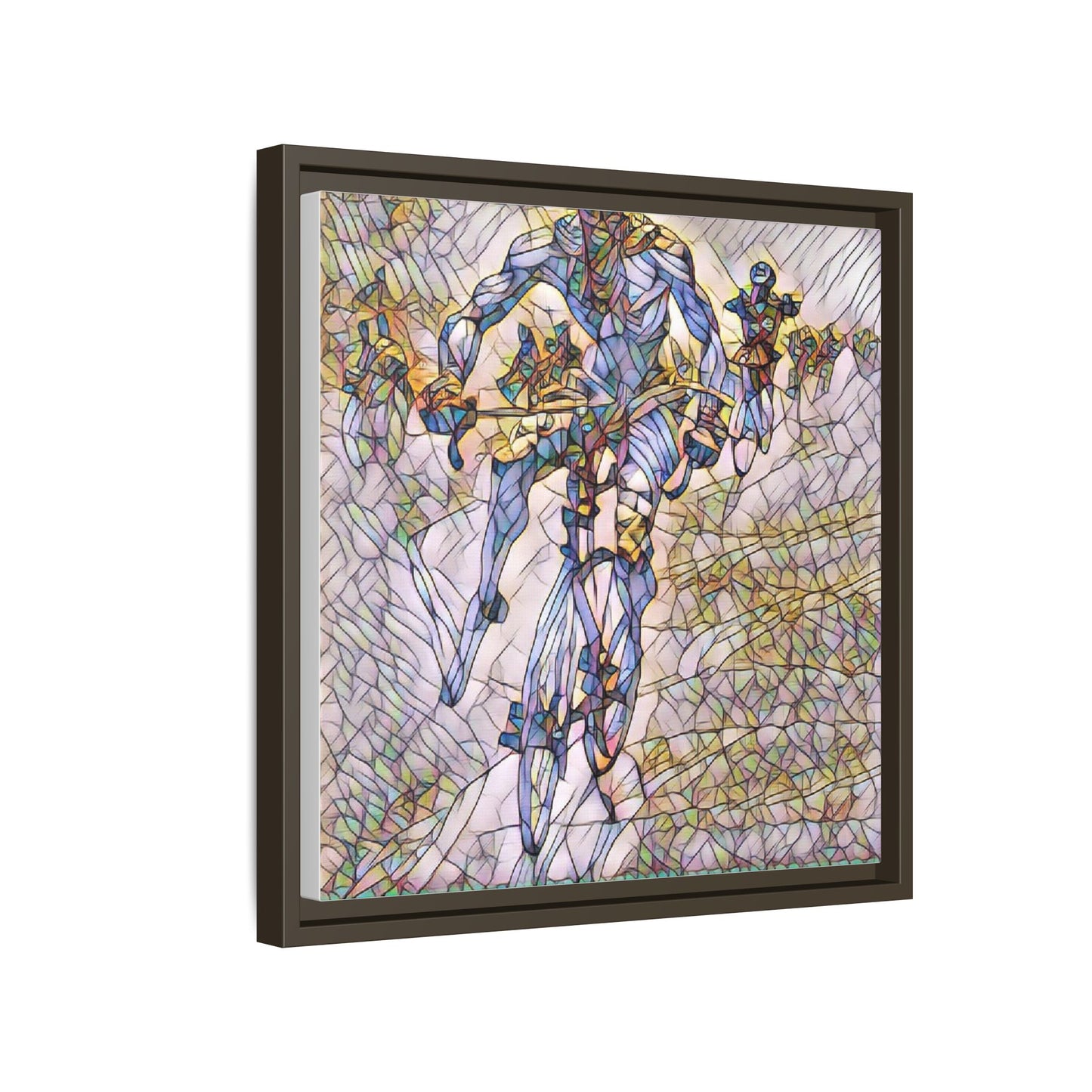 Abstract Cyclist Matte Canvas Framed Art — Colorful Stained-Glass Bike Print