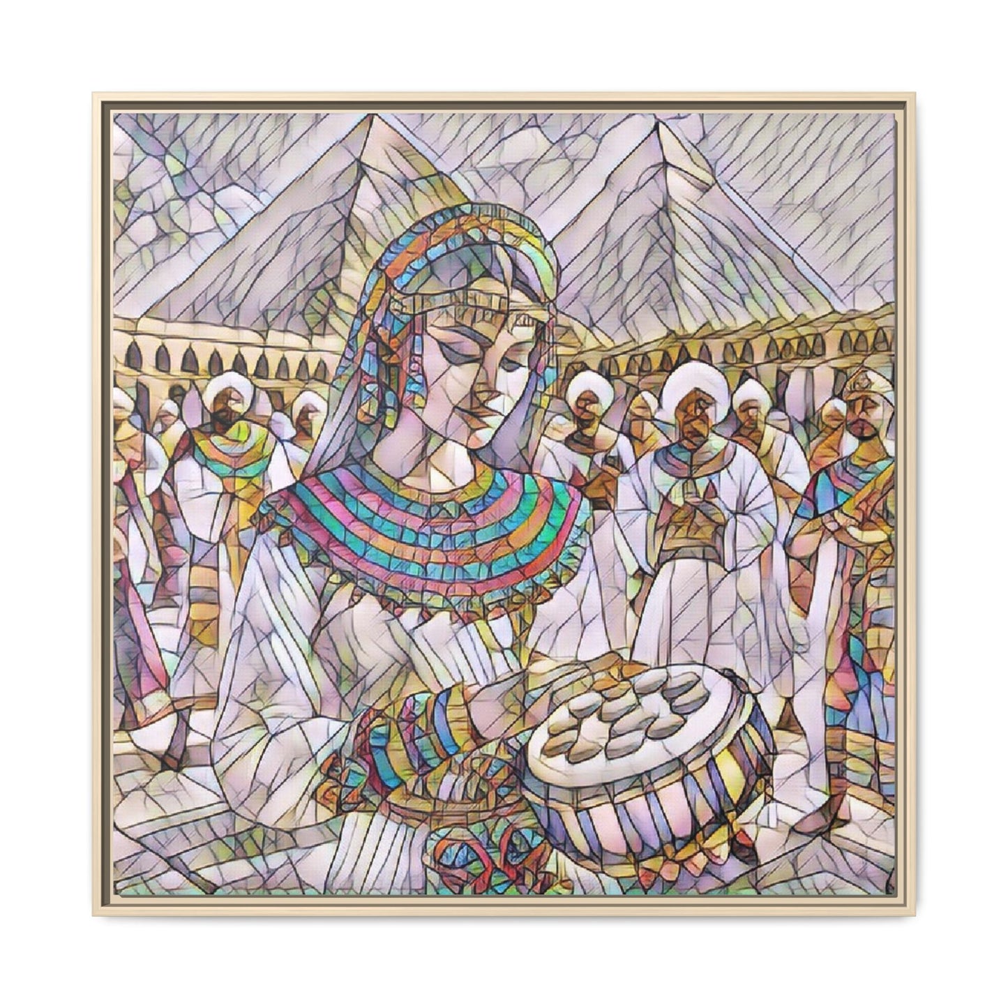 Egyptian Drum Player Framed Canvas Art — Colorful Ancient Scene Wall Decor
