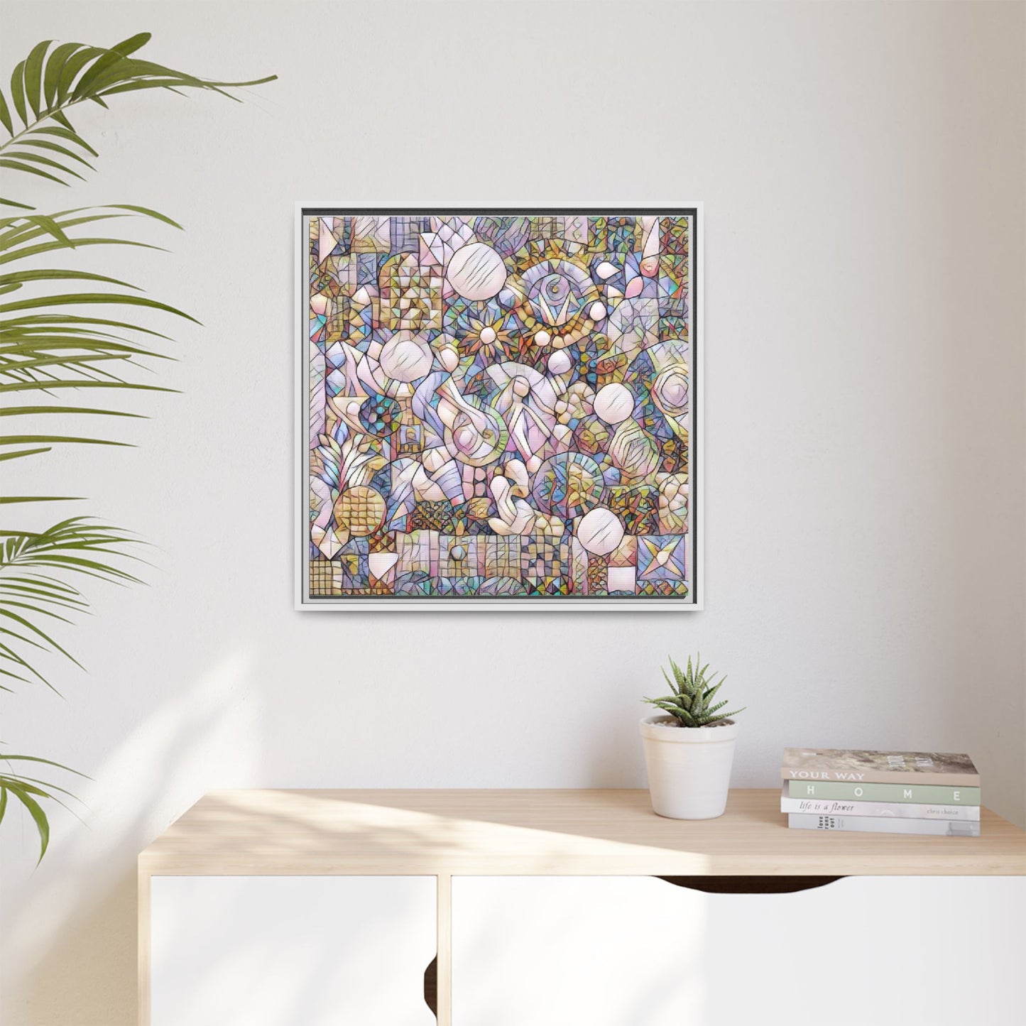 Abstract Geometric Mosaic Framed Canvas — Multicolor Modern Wall Art