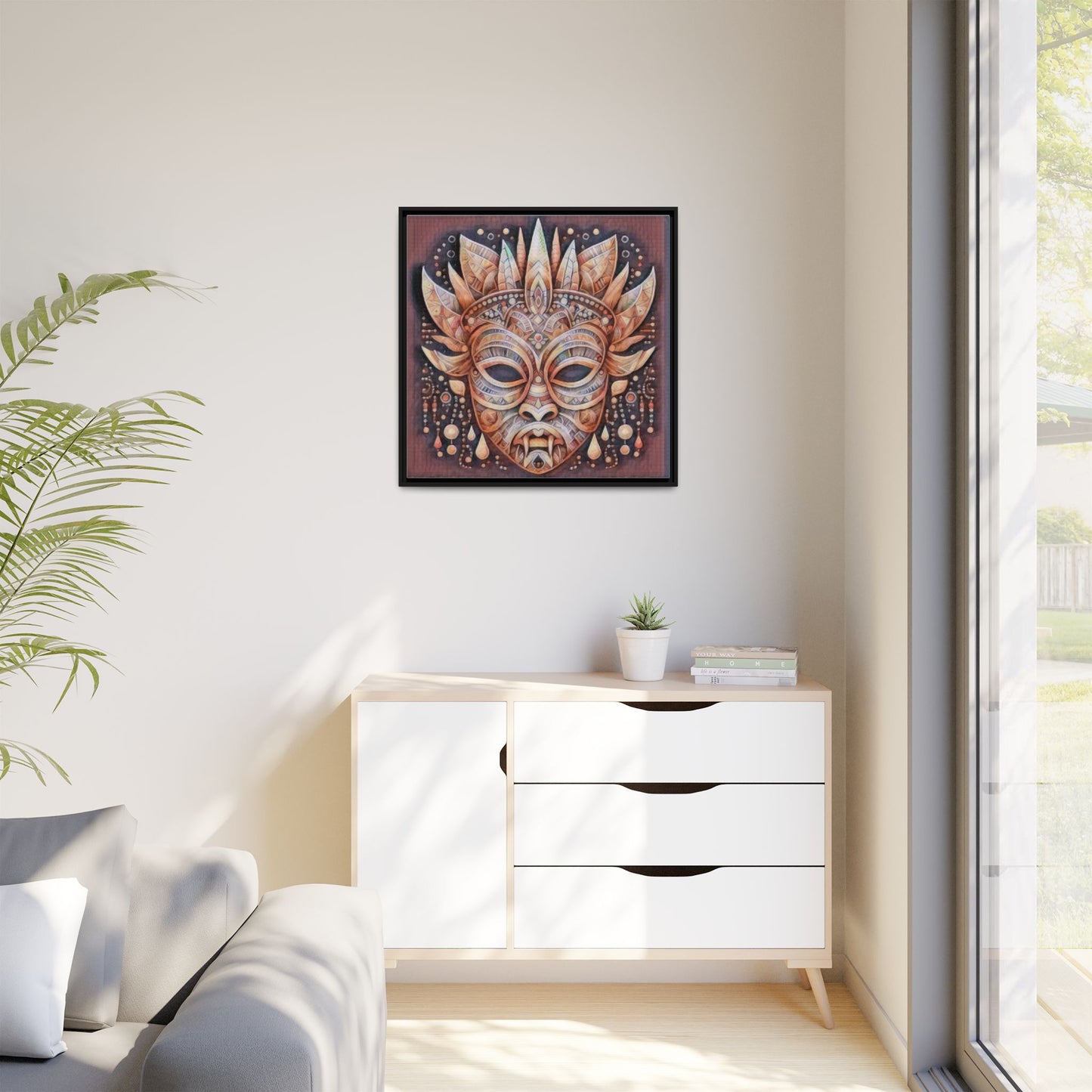 Tribal Sun Mask Framed Canvas Art — Boho Ethnic Wall Decor