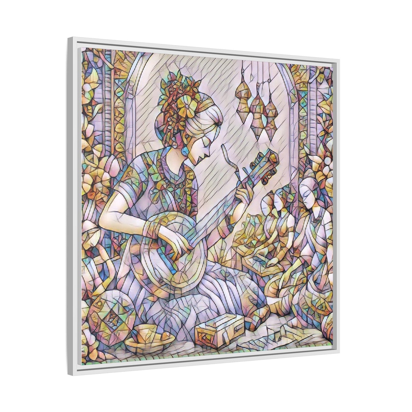 Framed Matte Canvas: Bohemian Woman Playing Lute — Stained-Glass Style Wall Art