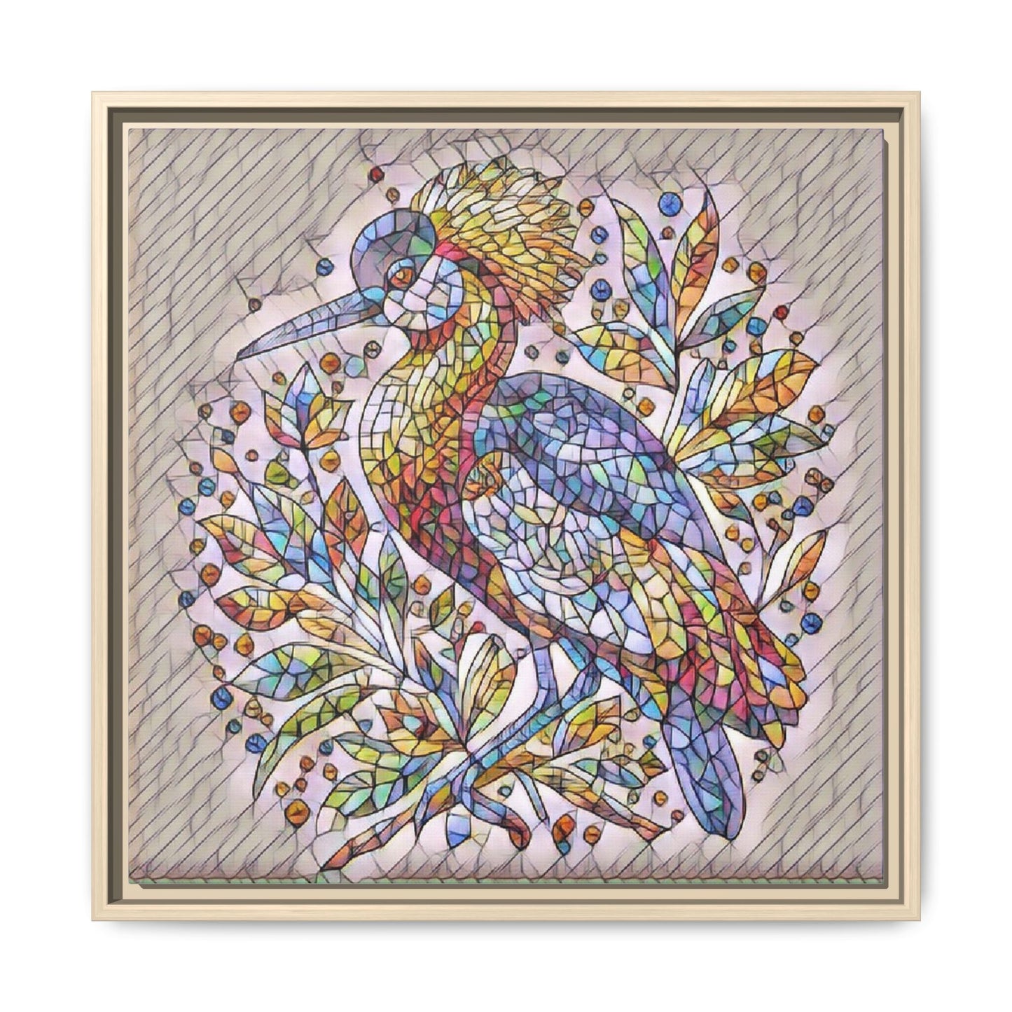 Colorful Stained-Glass Heron — Framed Matte Canvas Wall Art