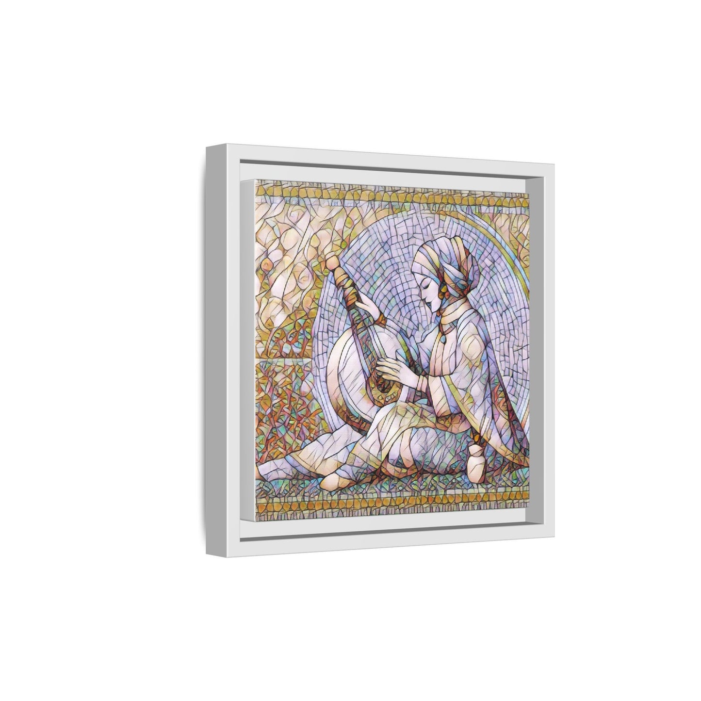 Framed Matte Canvas: Mosaic Lute Player Wall Art — Bohemian Musical Portrait