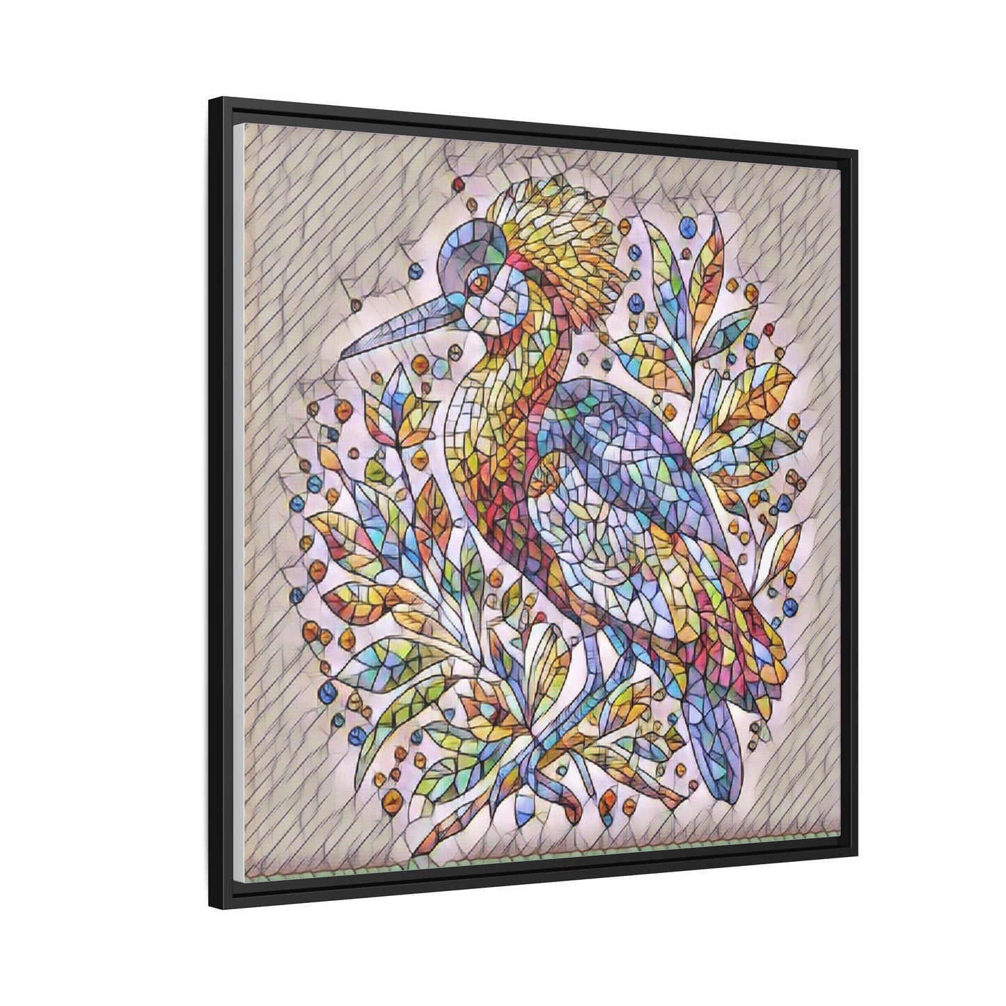 Colorful Stained-Glass Heron — Framed Matte Canvas Wall Art