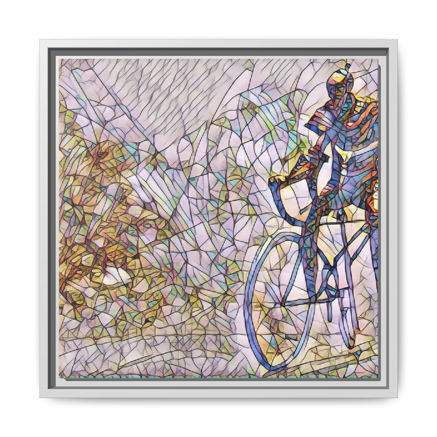 Colorful Cyclist Stained-Glass Art — Framed Matte Canvas