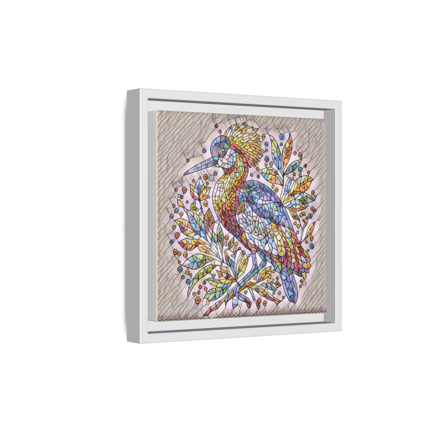 Colorful Stained-Glass Heron — Framed Matte Canvas Wall Art