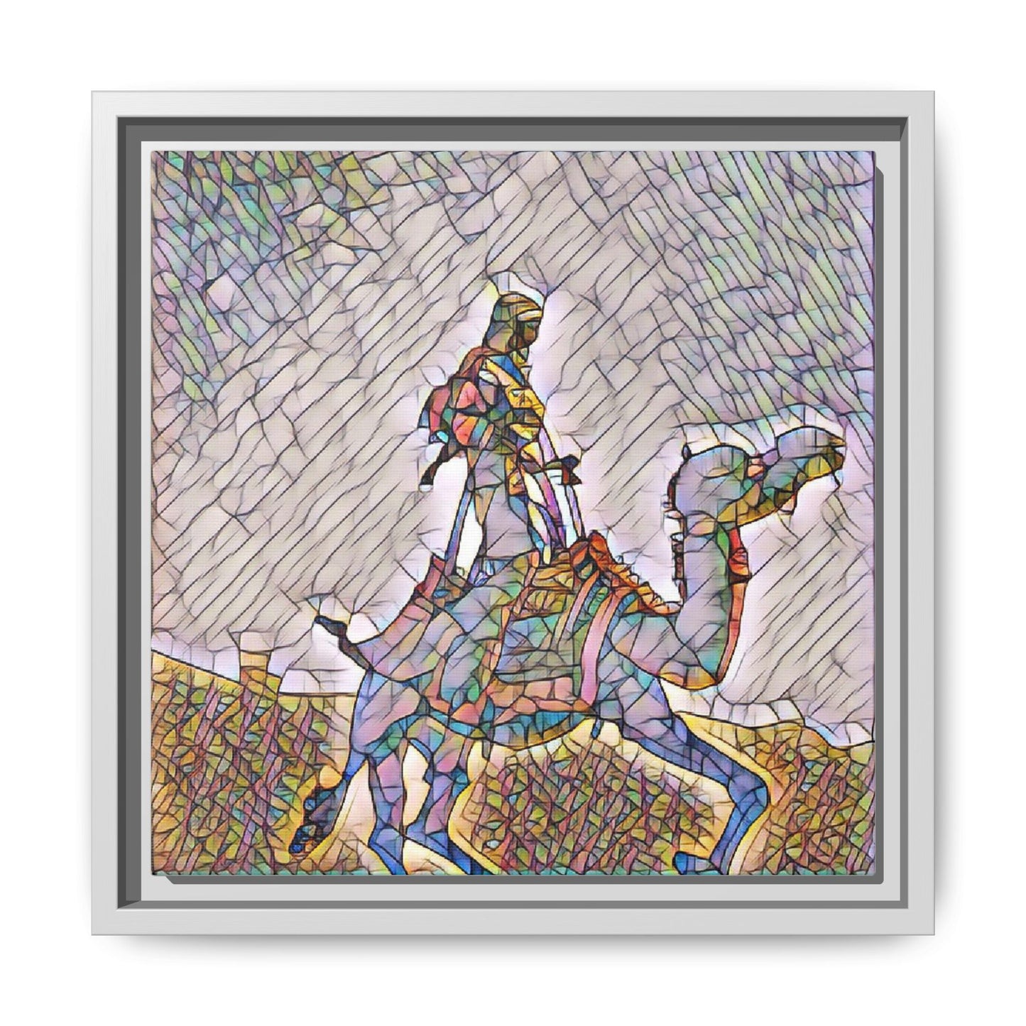 Framed Camel Rider Matte Canvas Art — Colorful Mosaic Desert Wall Decor
