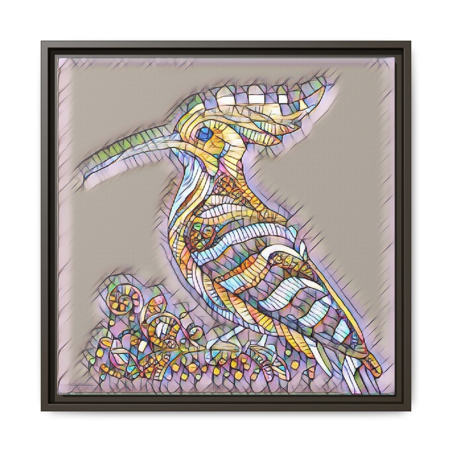 Colorful Mosaic Bird Framed Canvas Art — Whimsical Hoopoe Wall Decor