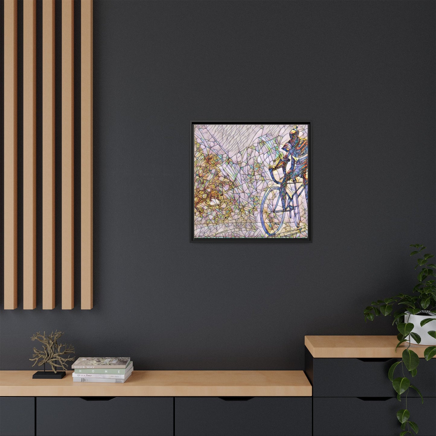 Colorful Cyclist Stained-Glass Art — Framed Matte Canvas