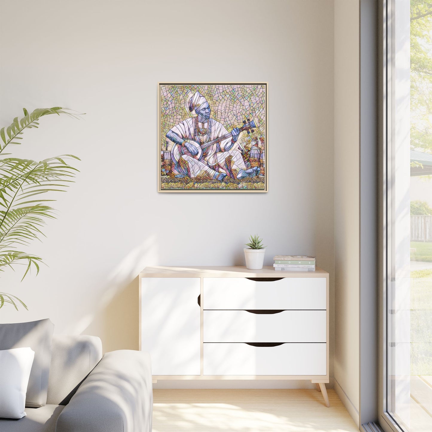 Framed Mosaic Musician Canvas Art — African Griot with Kora