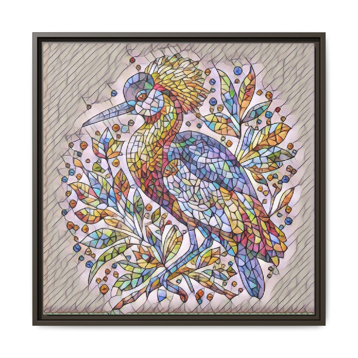 Colorful Stained-Glass Heron — Framed Matte Canvas Wall Art