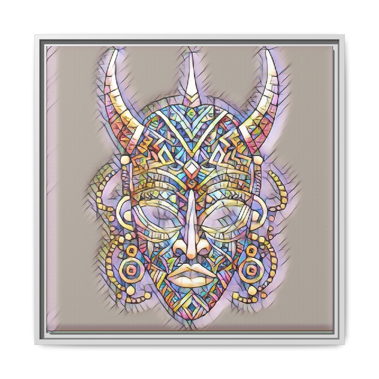 Colorful Tribal Mask Framed Canvas Art — Abstract Ethnic Wall Decor
