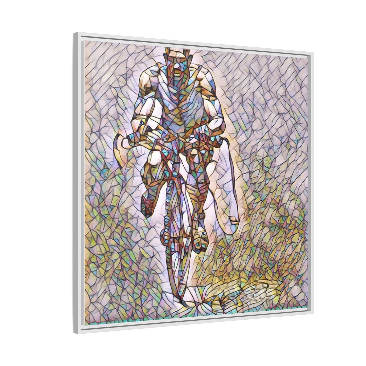 Cyclist Art Print — Framed Matte Canvas Wall Art (Multicolor Stained-Glass Style)