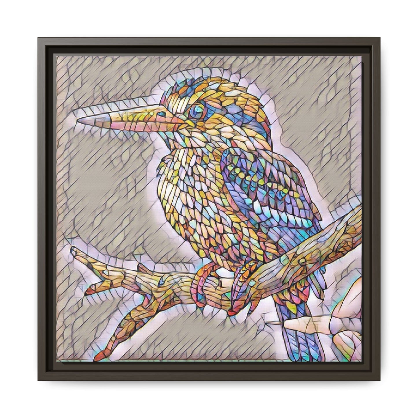 Colorful Kingfisher Framed Canvas Wall Art — Stained-Glass Style Bird Print