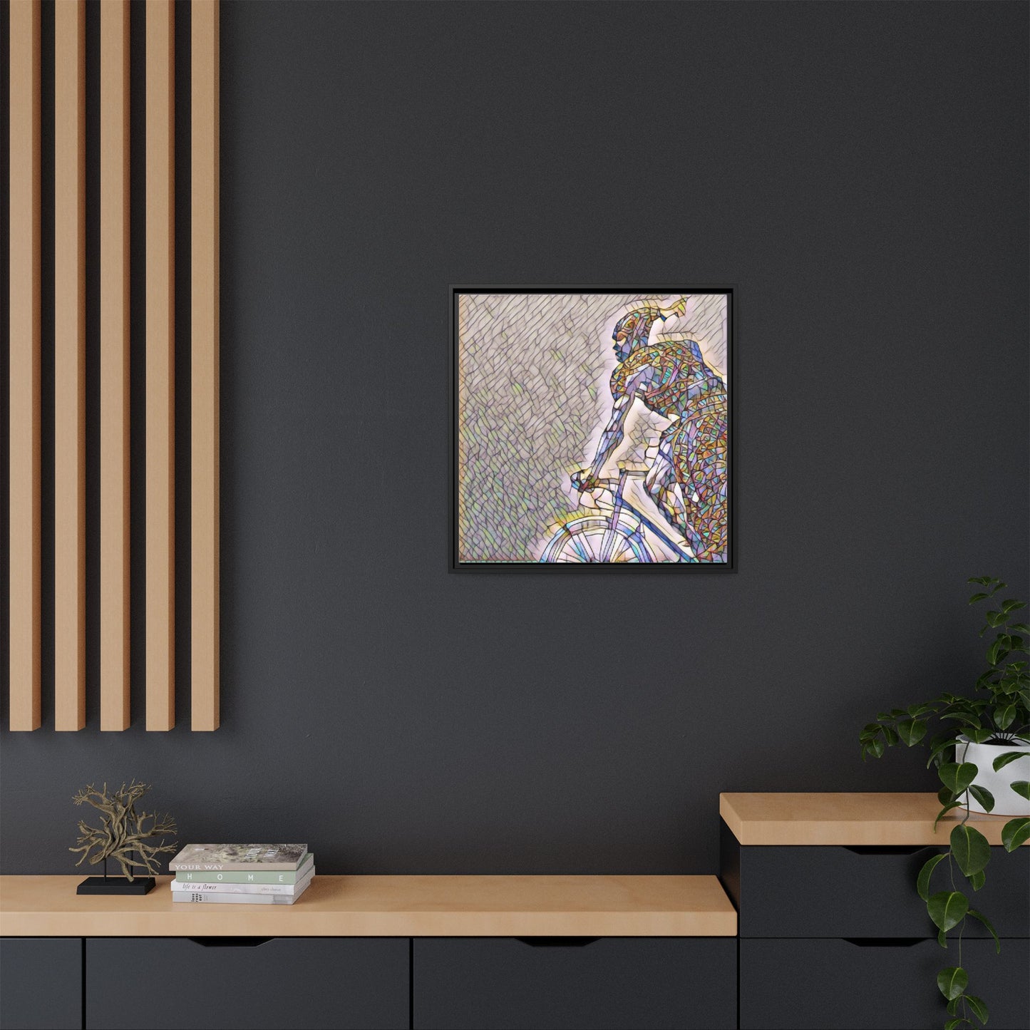 Cyclist Mosaic Matte Canvas Print — Framed Multicolor Bike Art