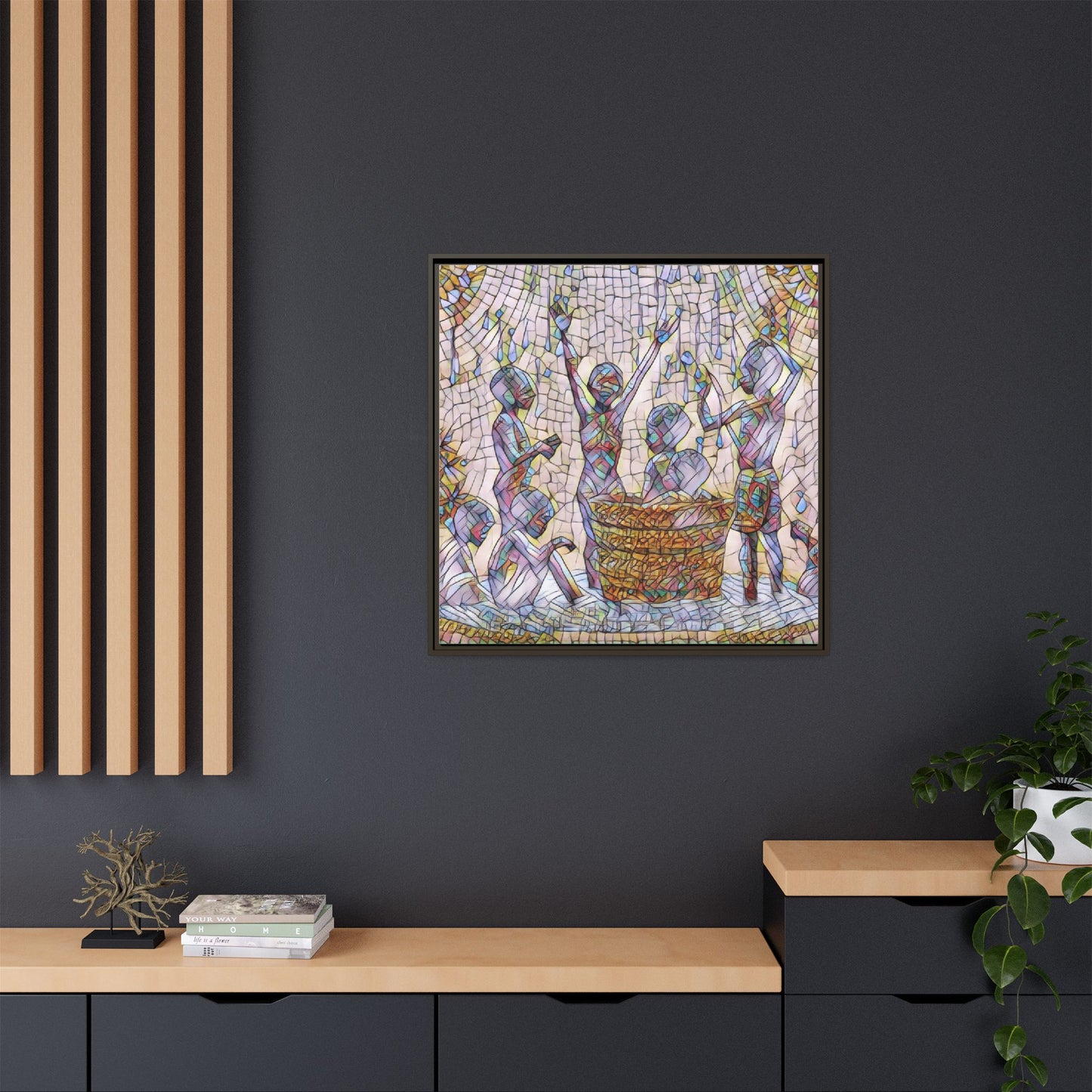 Framed Matte Canvas Art — Children Playing Mosaic Illustration