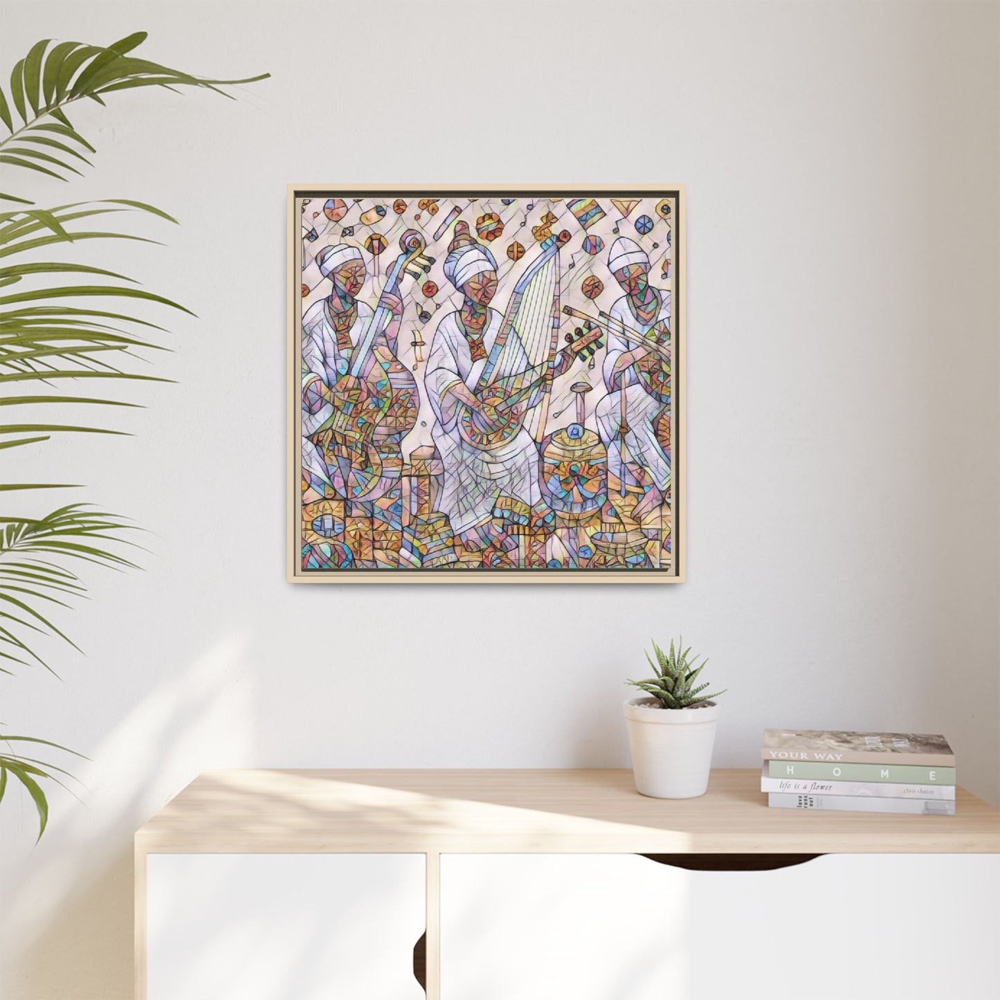 Framed Matte Canvas Print — Colorful African Musicians Stained-Glass Art