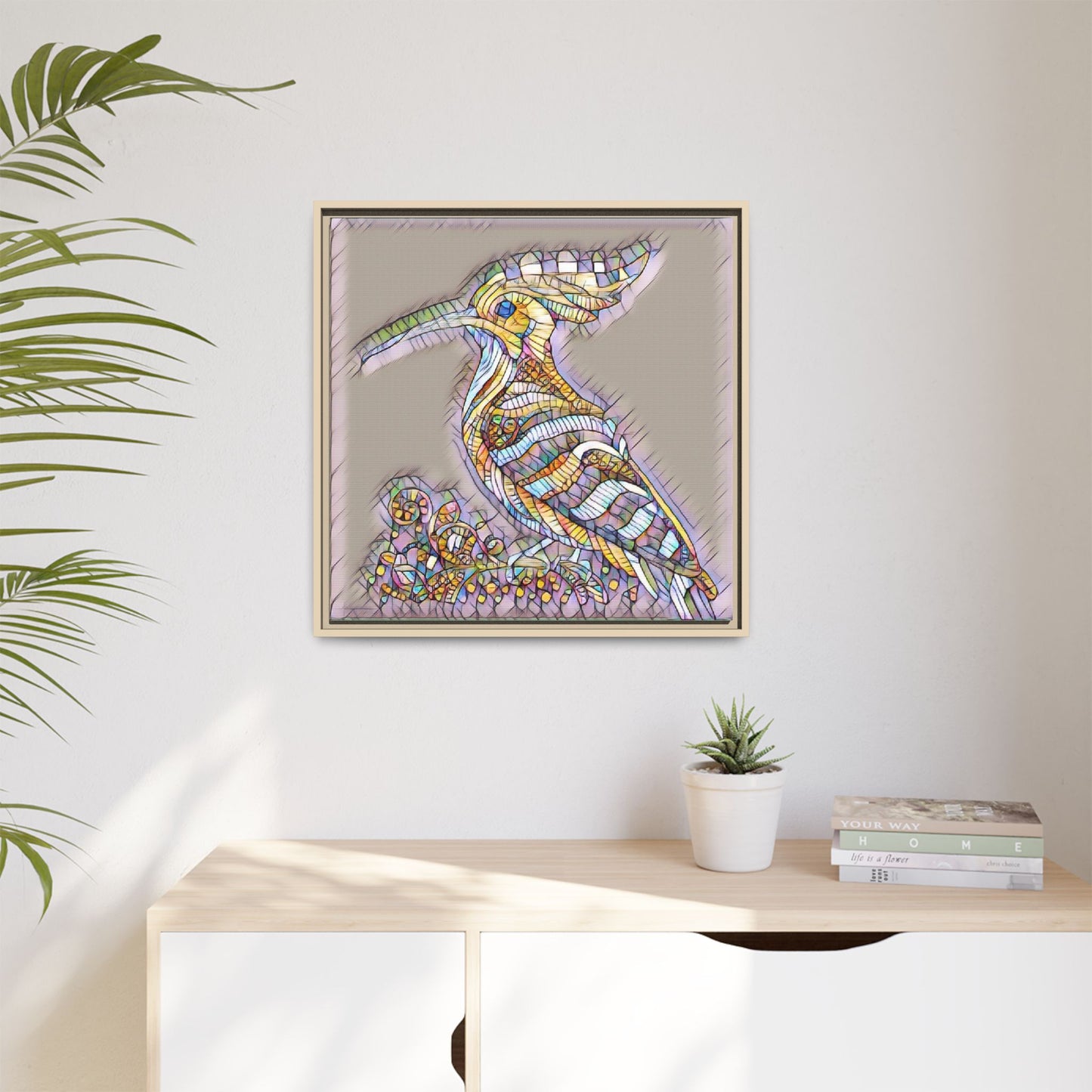 Colorful Mosaic Bird Framed Canvas Art — Whimsical Hoopoe Wall Decor