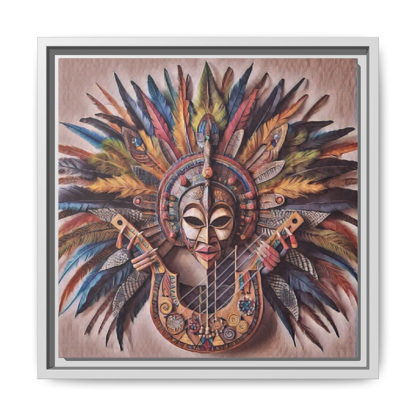 Tribal Feather Mask Guitar Framed Canvas Art — Colorful Boho Wall Decor