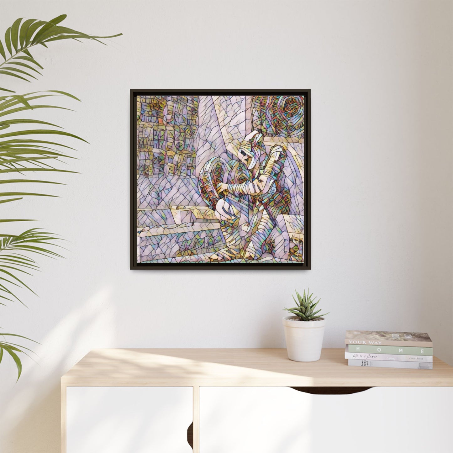 Framed Matte Canvas Art — Colorful Stained-Glass Astronaut Embrace