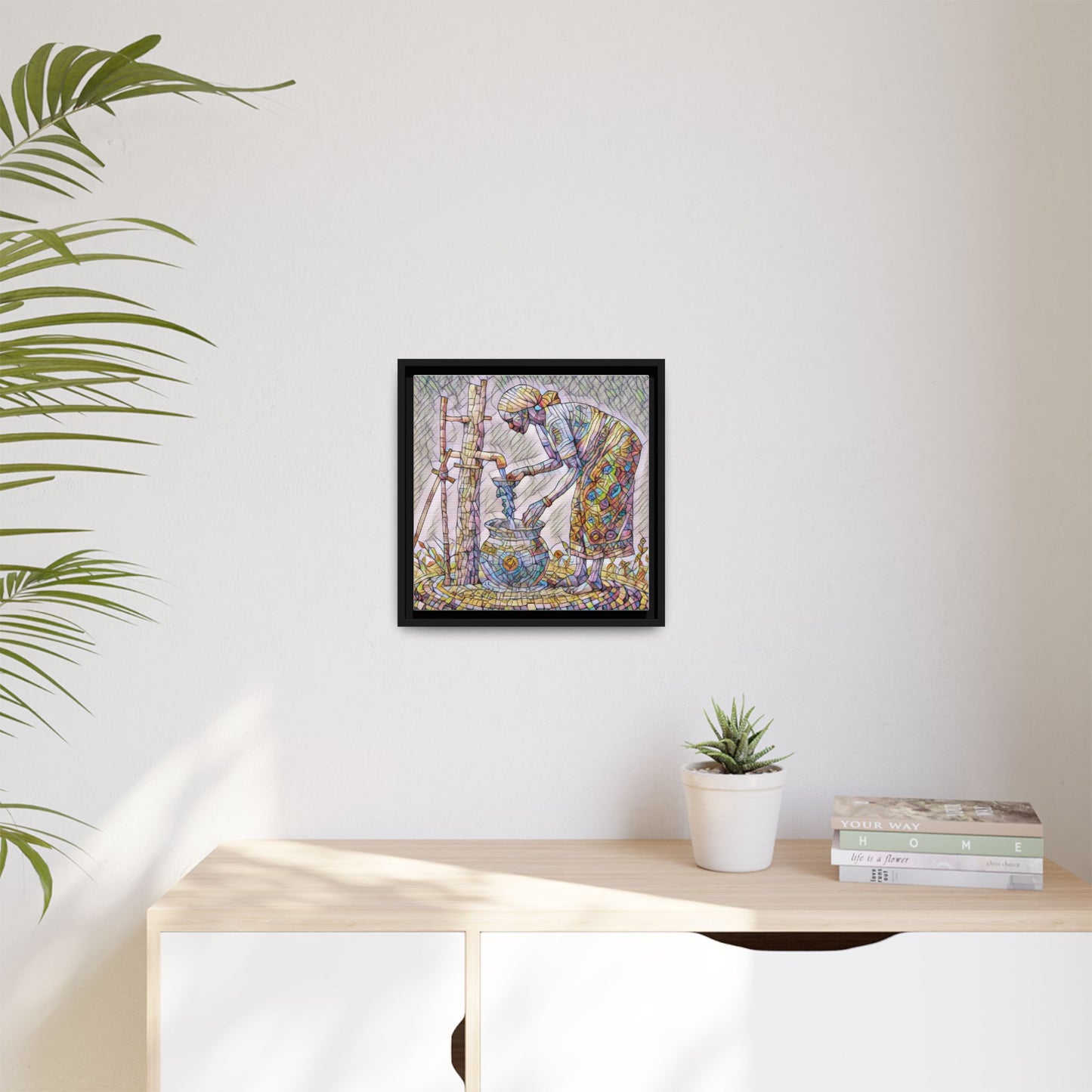 Framed Matte Canvas Art — Colorful Mosaic Woman at Well