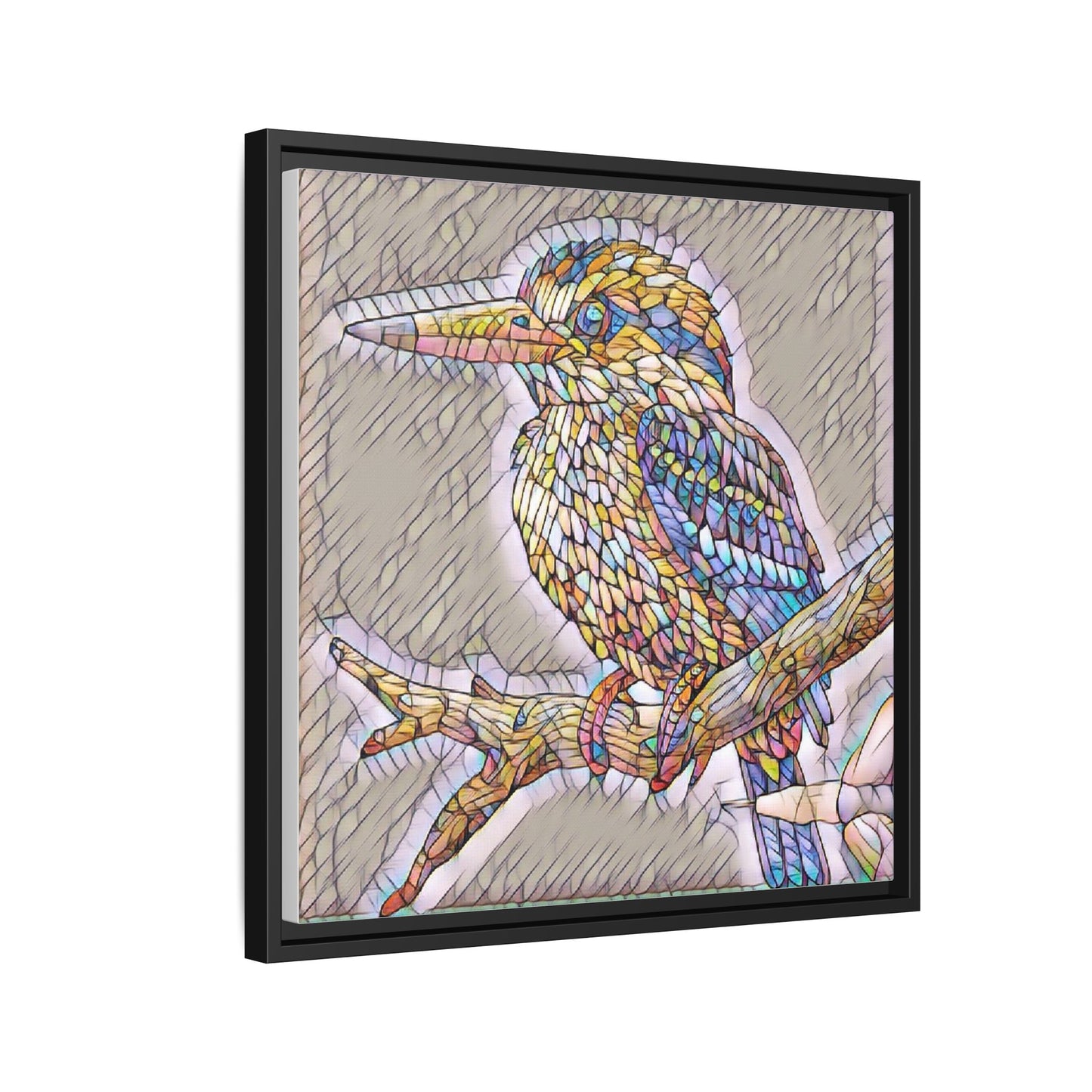 Colorful Kingfisher Framed Canvas Wall Art — Stained-Glass Style Bird Print
