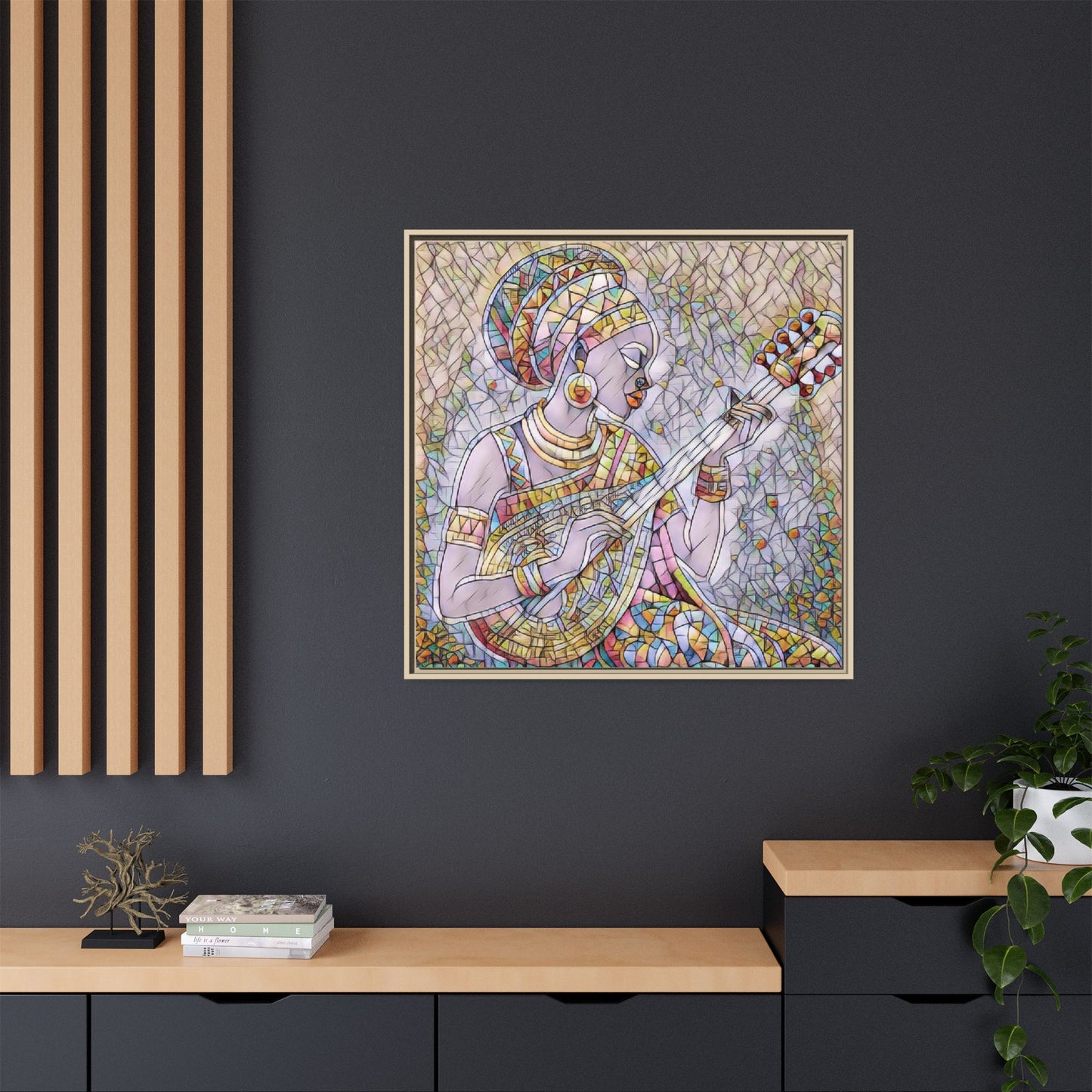 Framed Canvas Art — Colorful African Woman Playing Lute (Matte Multi‑Color)