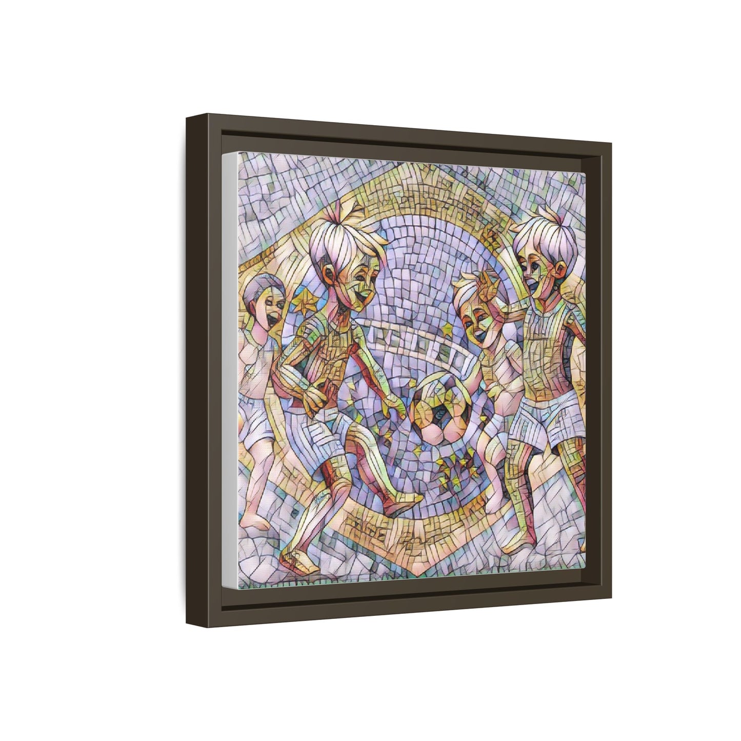 Framed Matte Canvas – Vintage Mosaic Kids Playing Soccer Art
