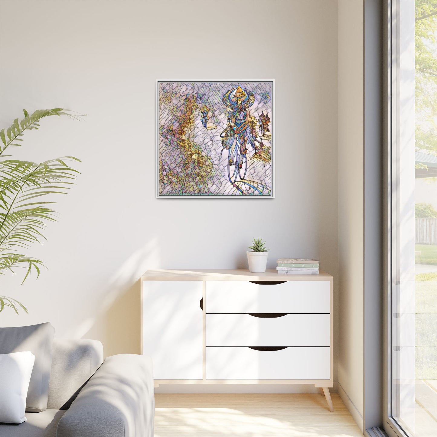 Abstract Cyclist Stained-Glass Art Print — Framed Matte Canvas
