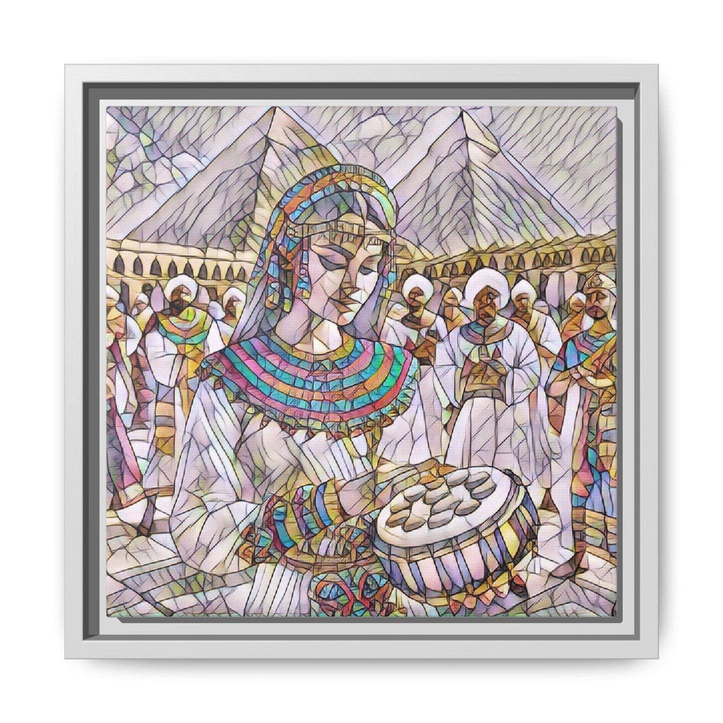 Egyptian Drum Player Framed Canvas Art — Colorful Ancient Scene Wall Decor