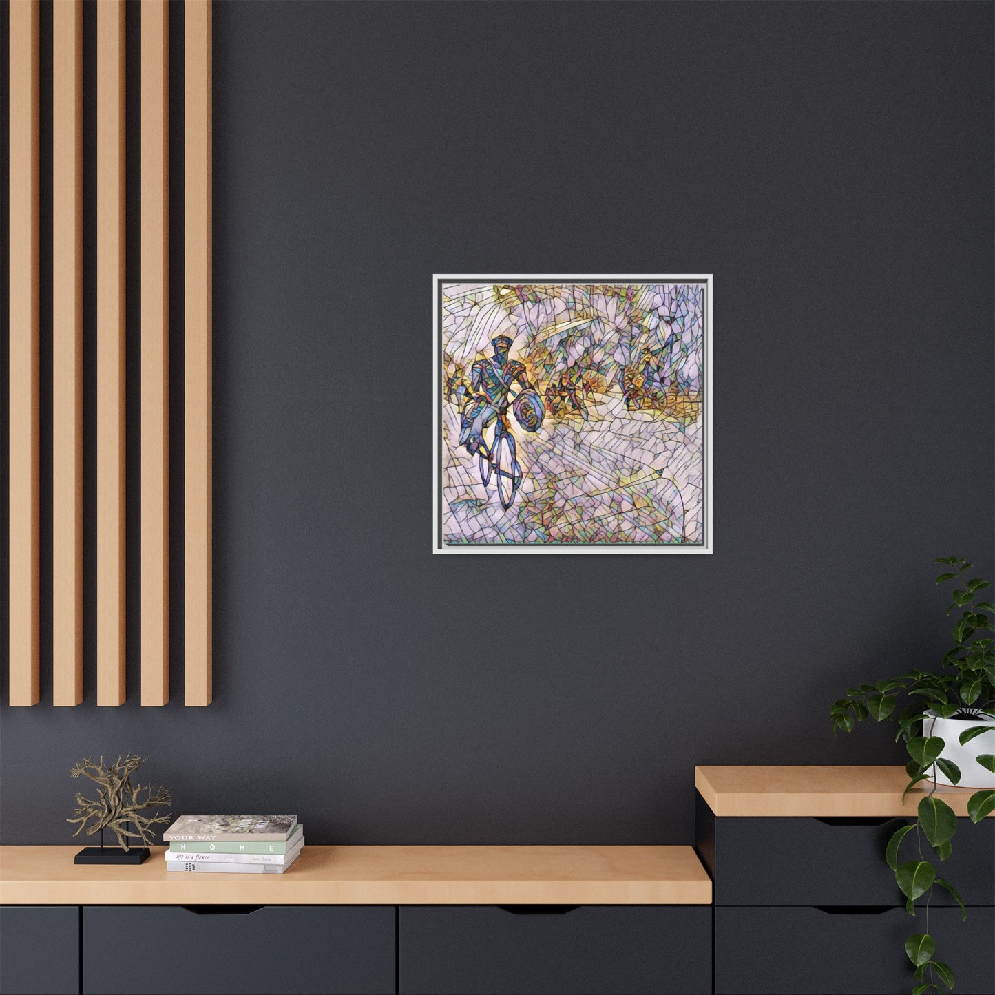 Cyclist Mosaic Matte Canvas Framed Wall Art — Colorful Biking Scene