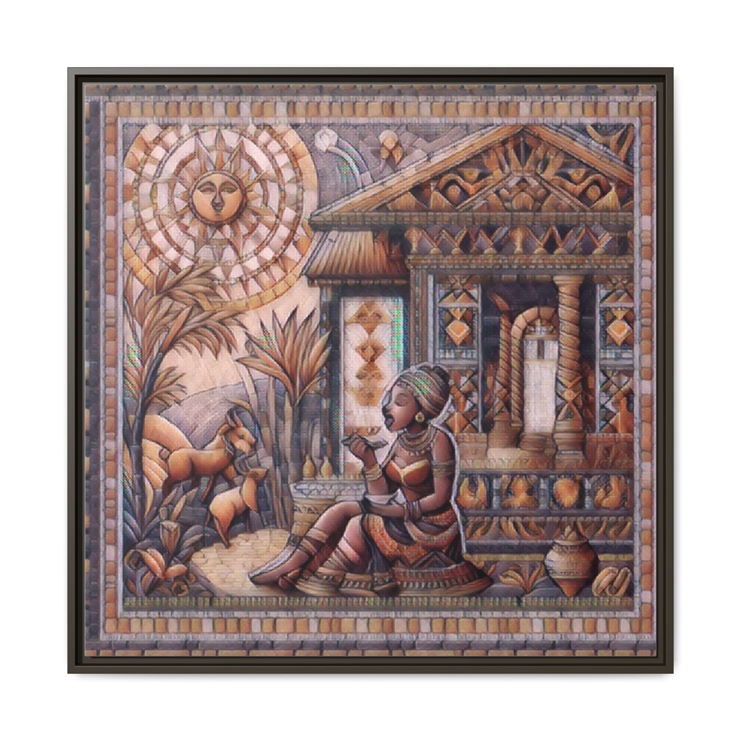 Egyptian Goddess Mosaic Framed Canvas Art — Colorful Ancient Ritual Wall Decor