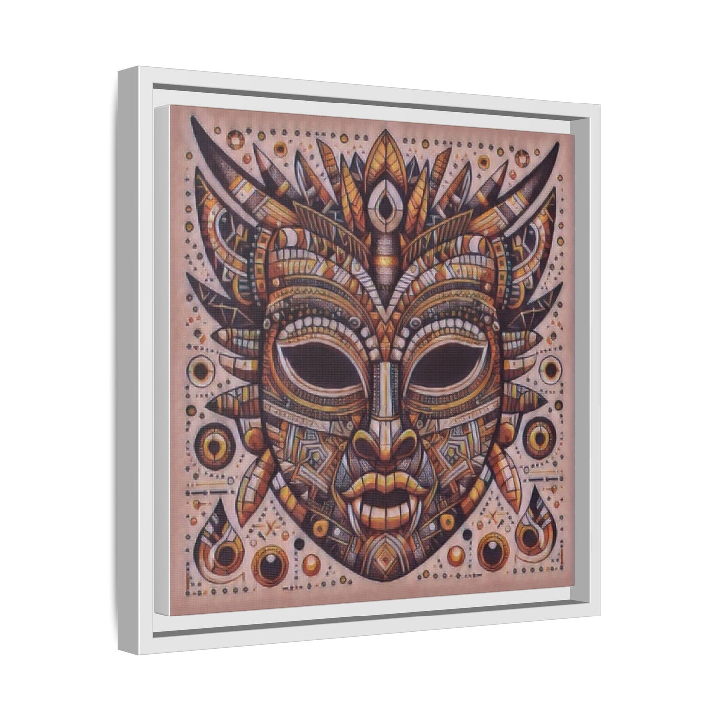Tribal Mask Framed Canvas Art — Multicolor Matte Wall Decor